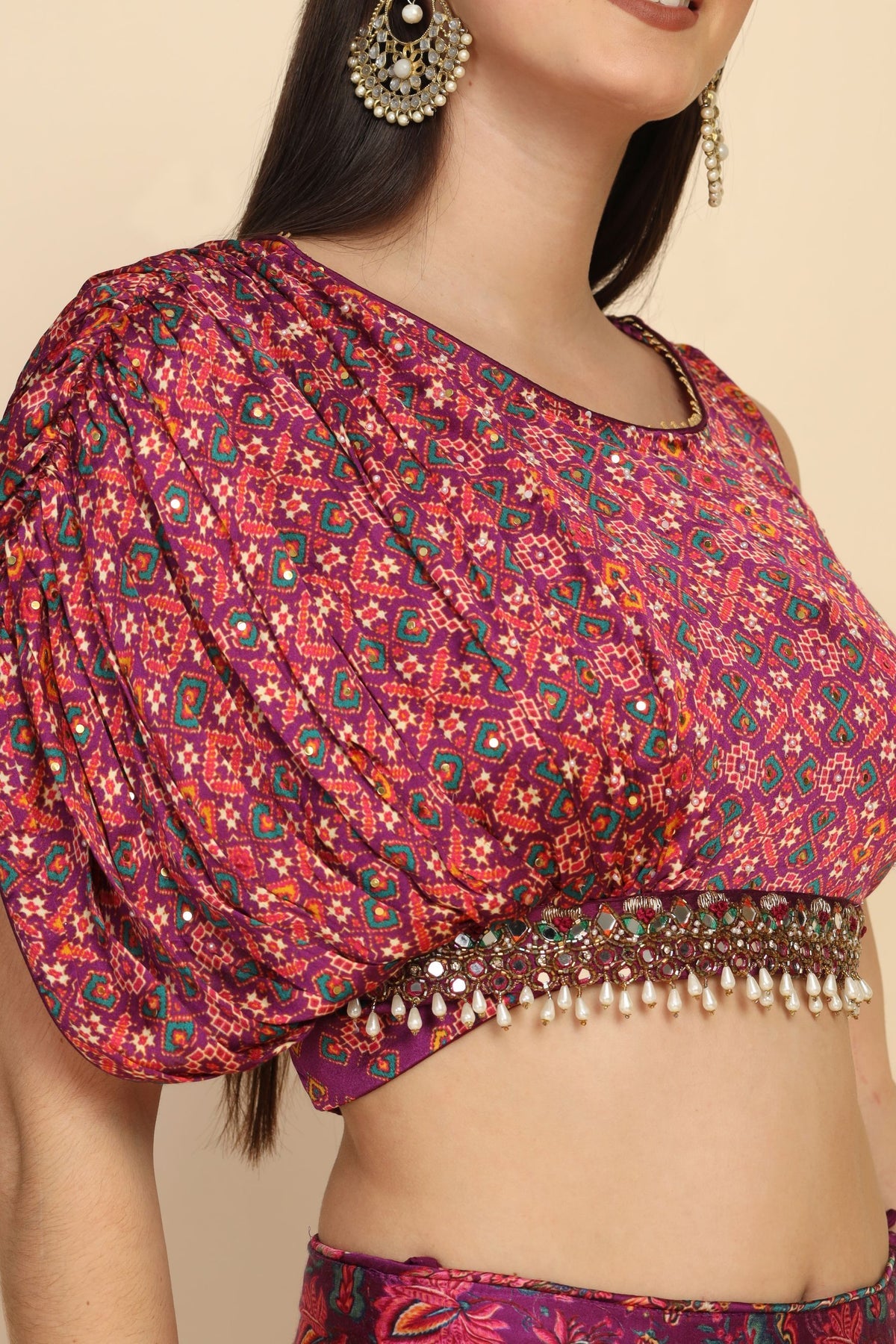 Elegant pink color Lehenga with one side curtain sleeves