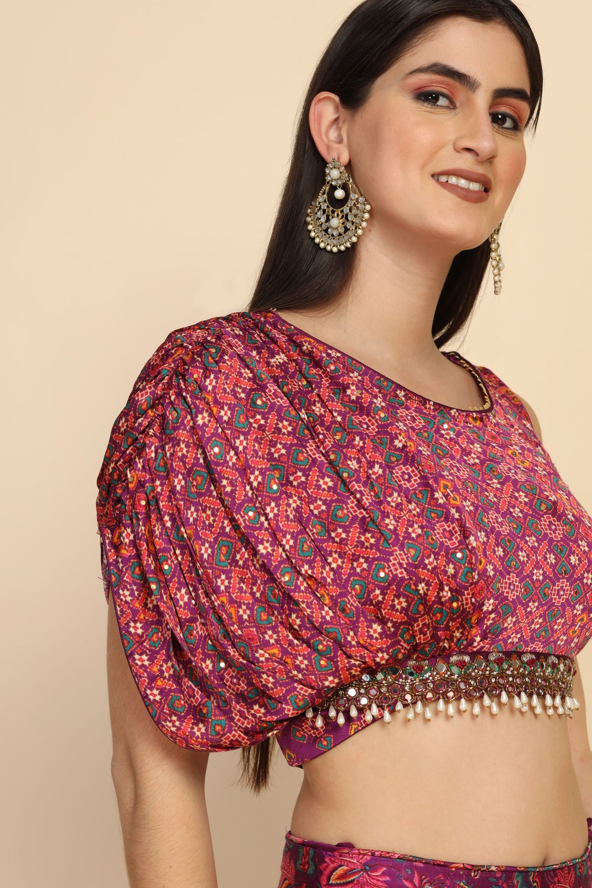 Elegant pink color Lehenga with one side curtain sleeves