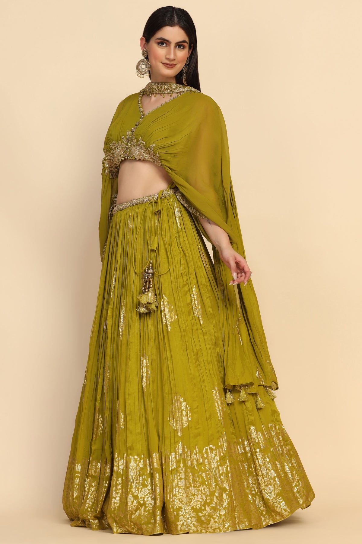 stylish green color floral motif embroidered lehenga