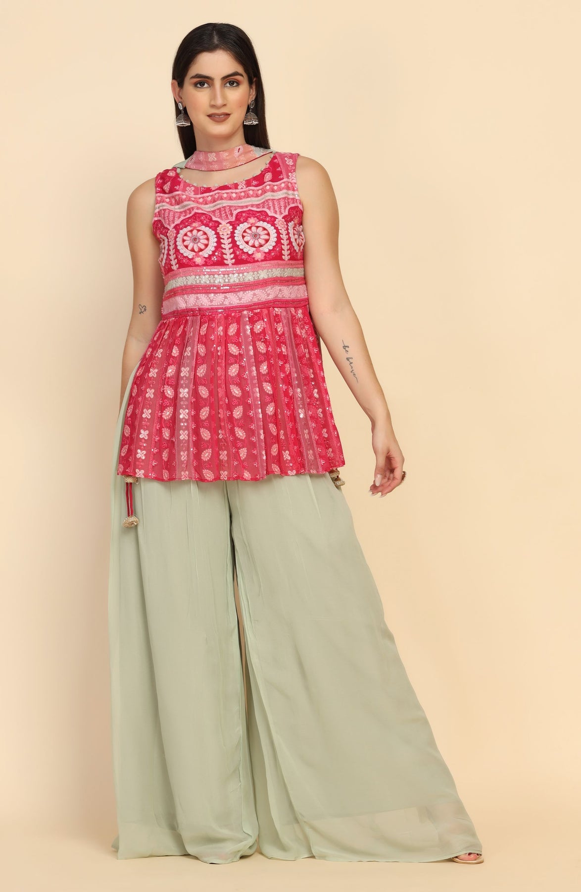 Gorgeous Pink & green Floral motif embroidered sharara set