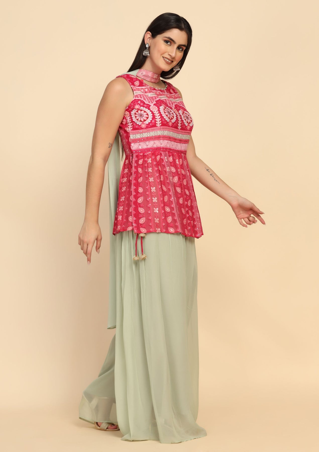 Gorgeous Pink & green Floral motif embroidered sharara set