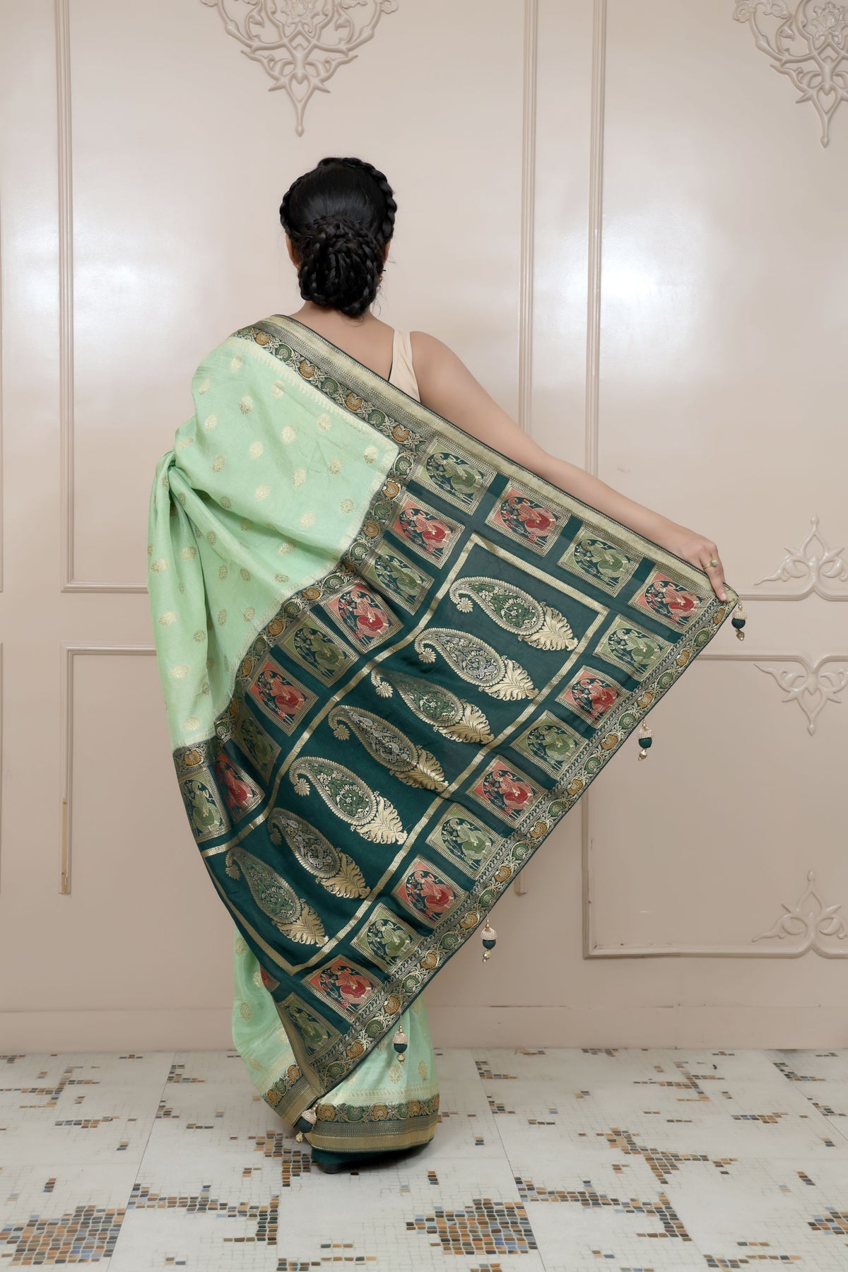 classy green color floral motif handwoven saree