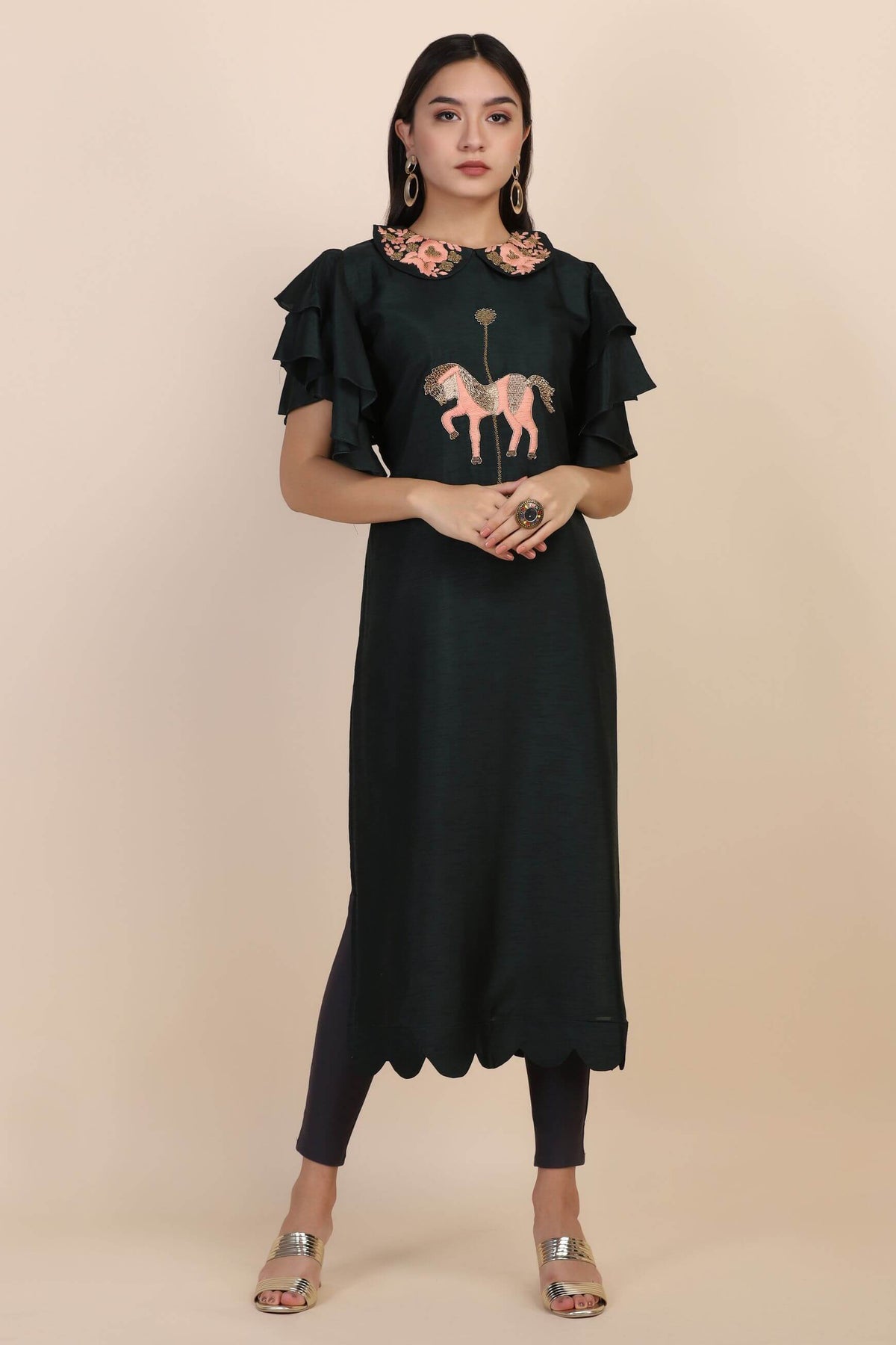 DARK Green Kurti with embellishments