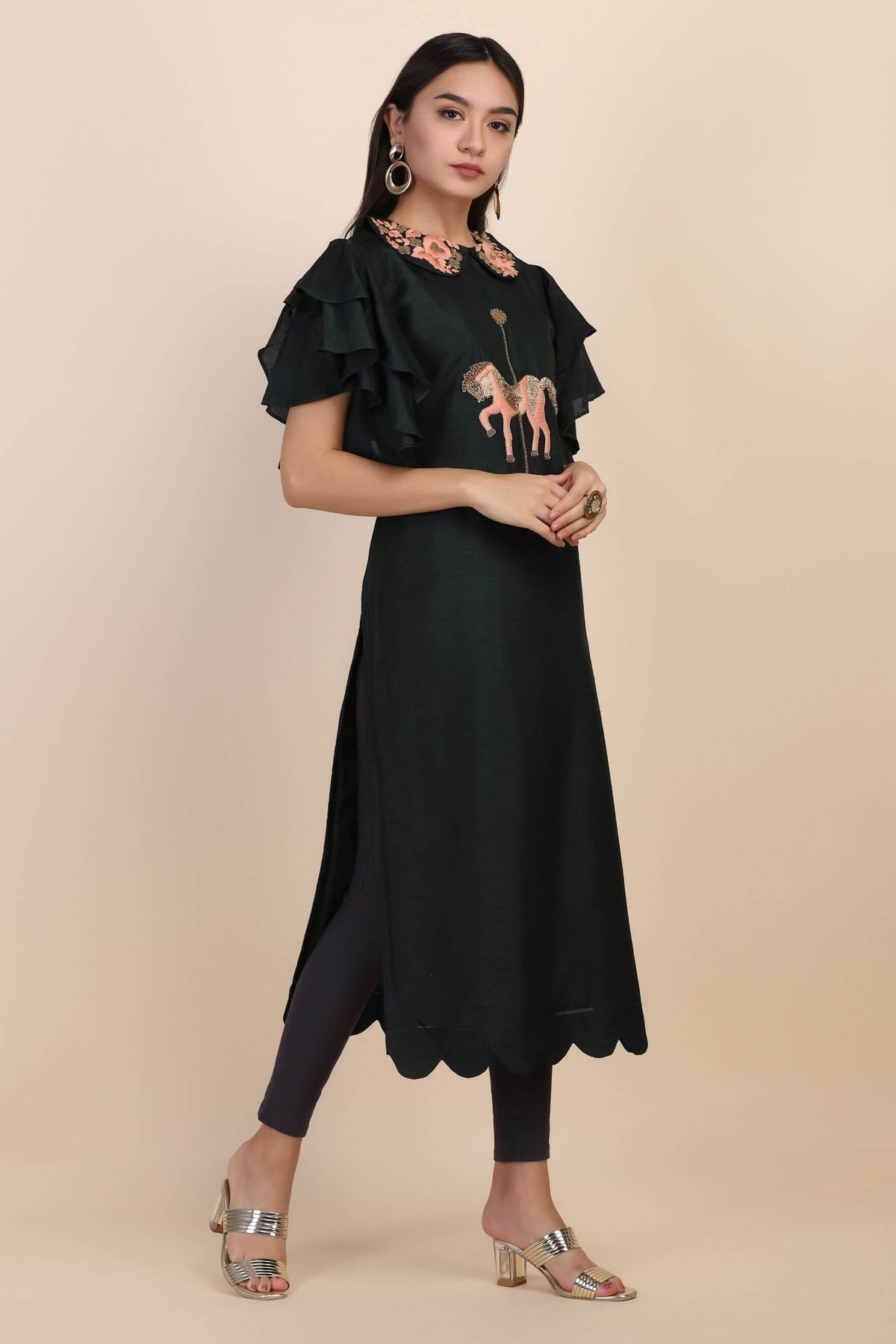DARK Green Kurti with embellishments