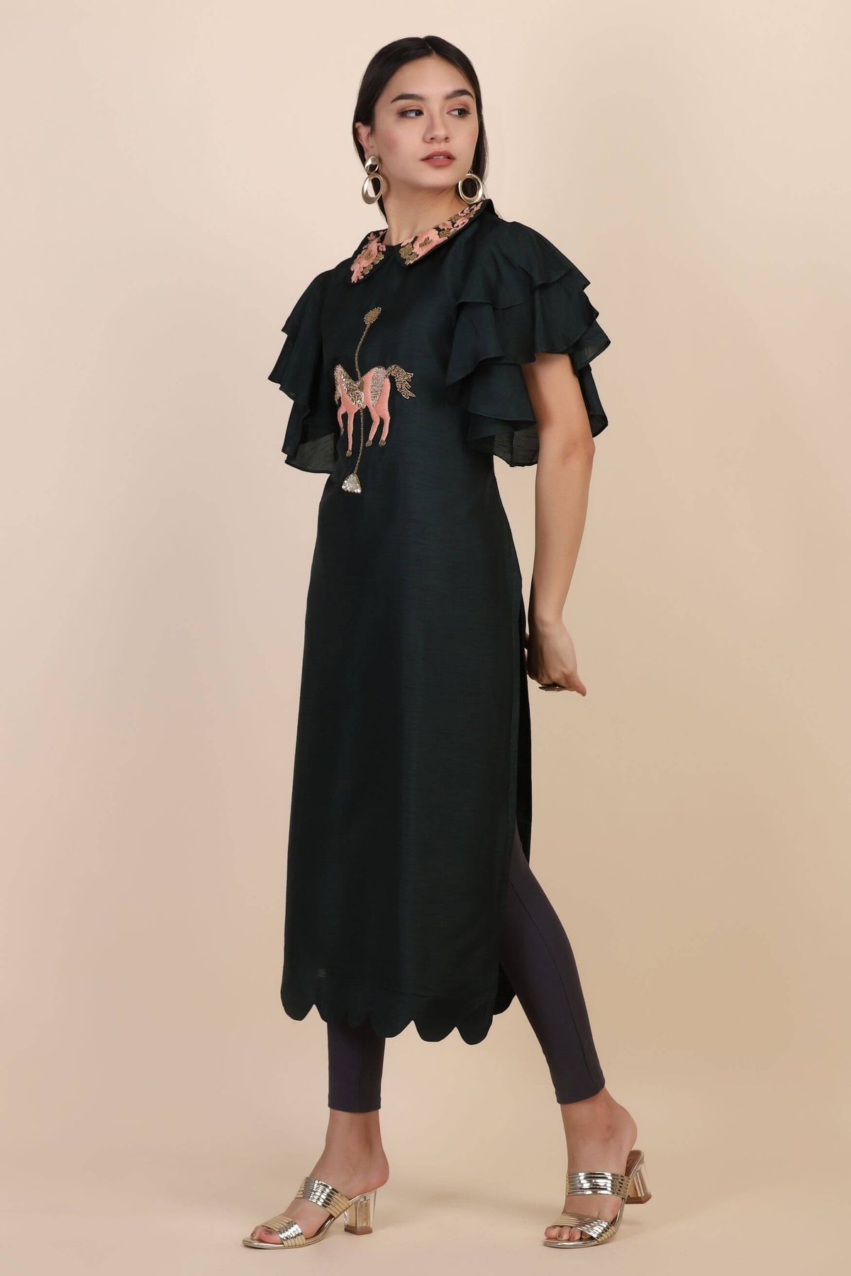 DARK Green Kurti with embellishments