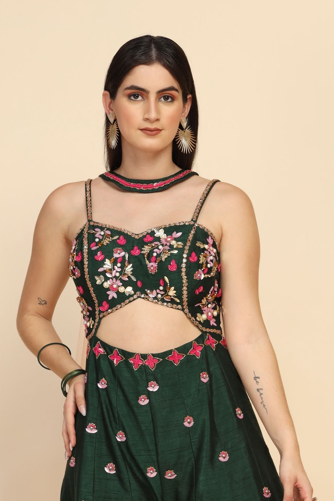 classy green color floral motif embroidered crop top set