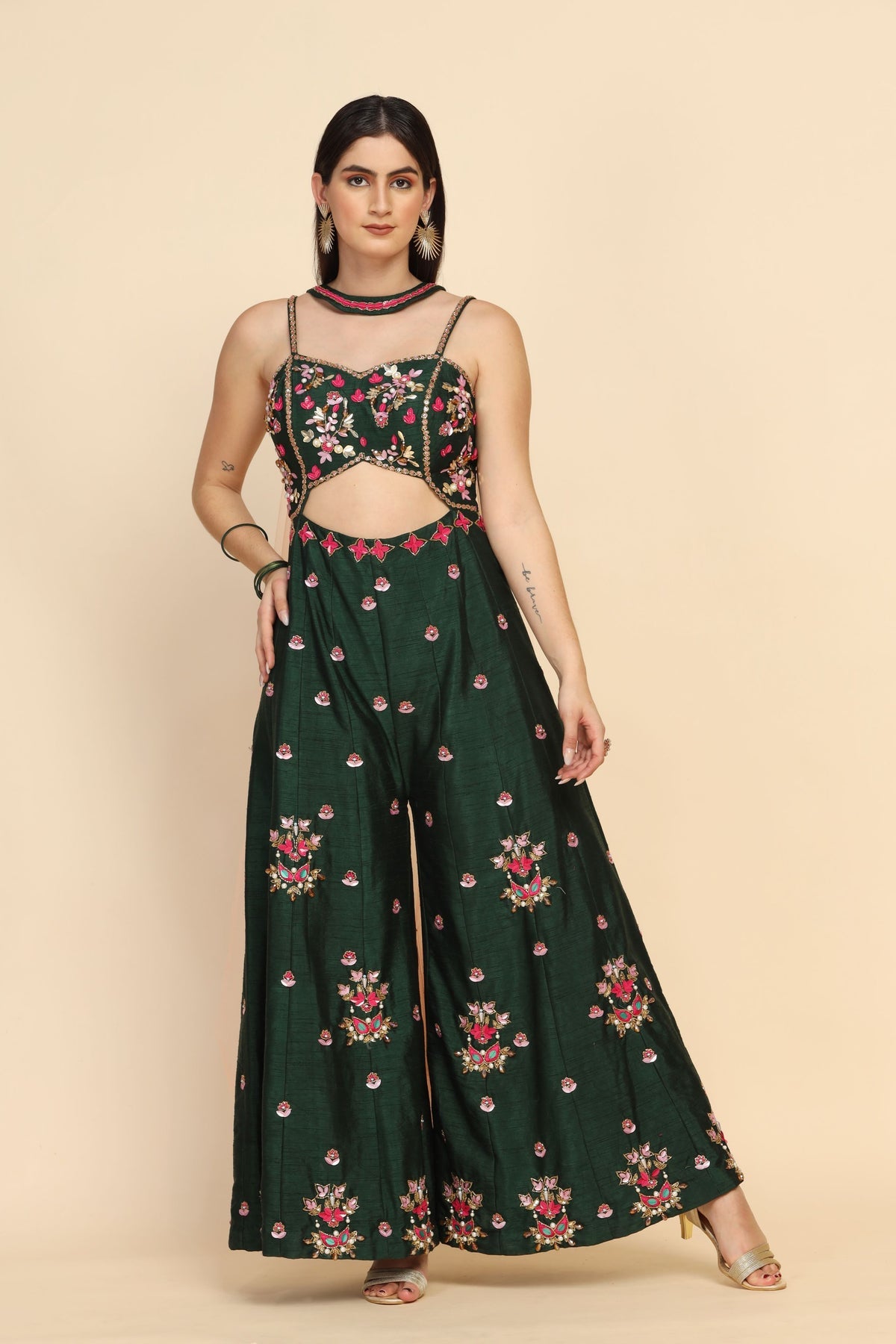 classy green color floral motif embroidered crop top set