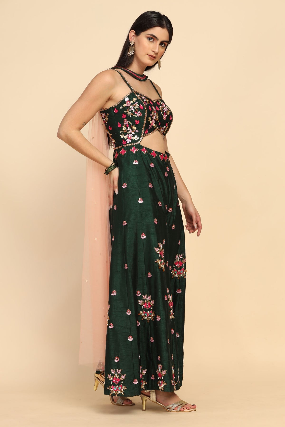 classy green color floral motif embroidered crop top set