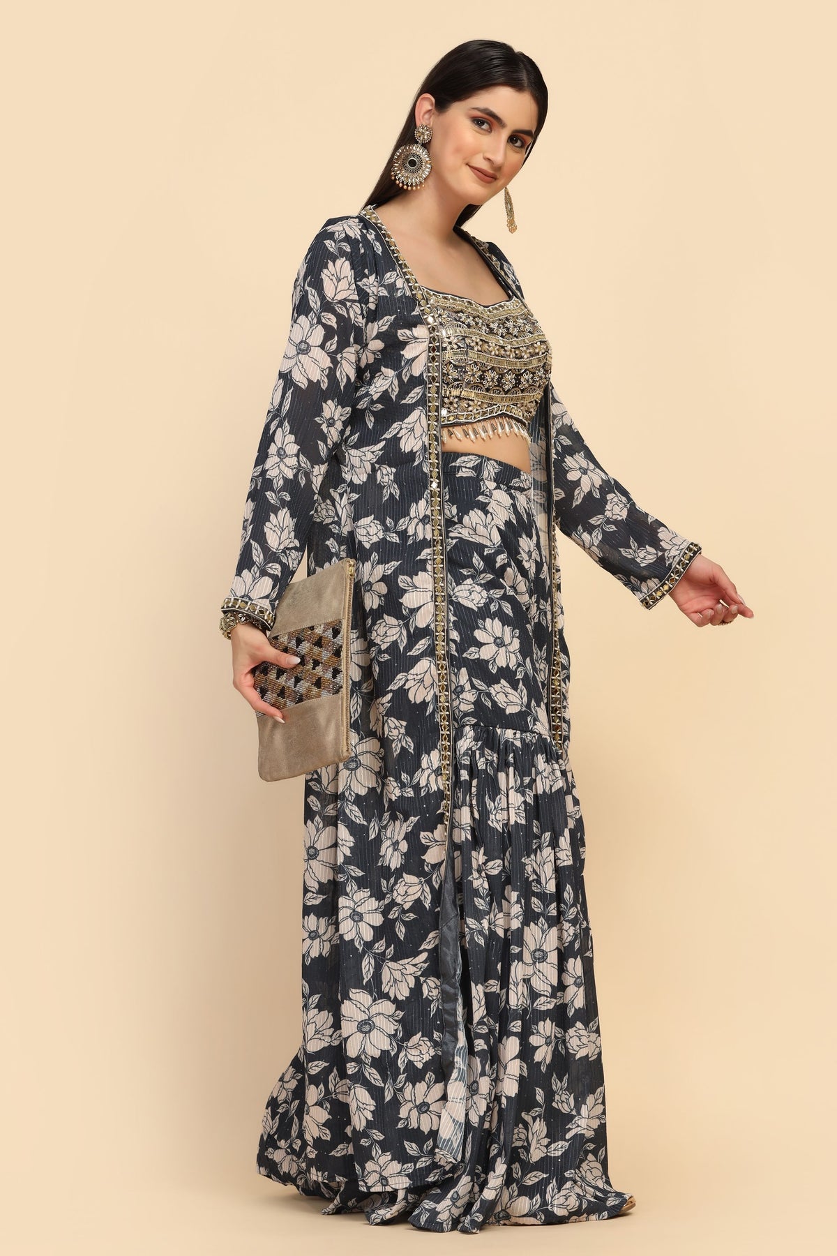 Beautiful blue color floral motif printed jacket and top