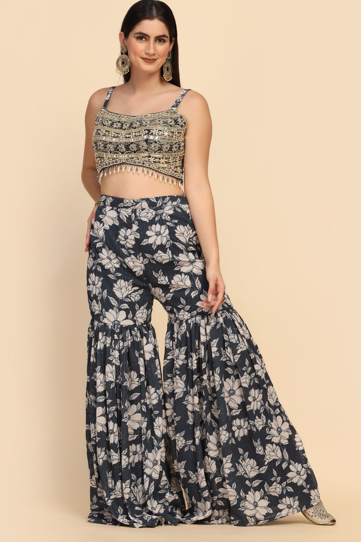Beautiful blue color floral motif printed jacket and top