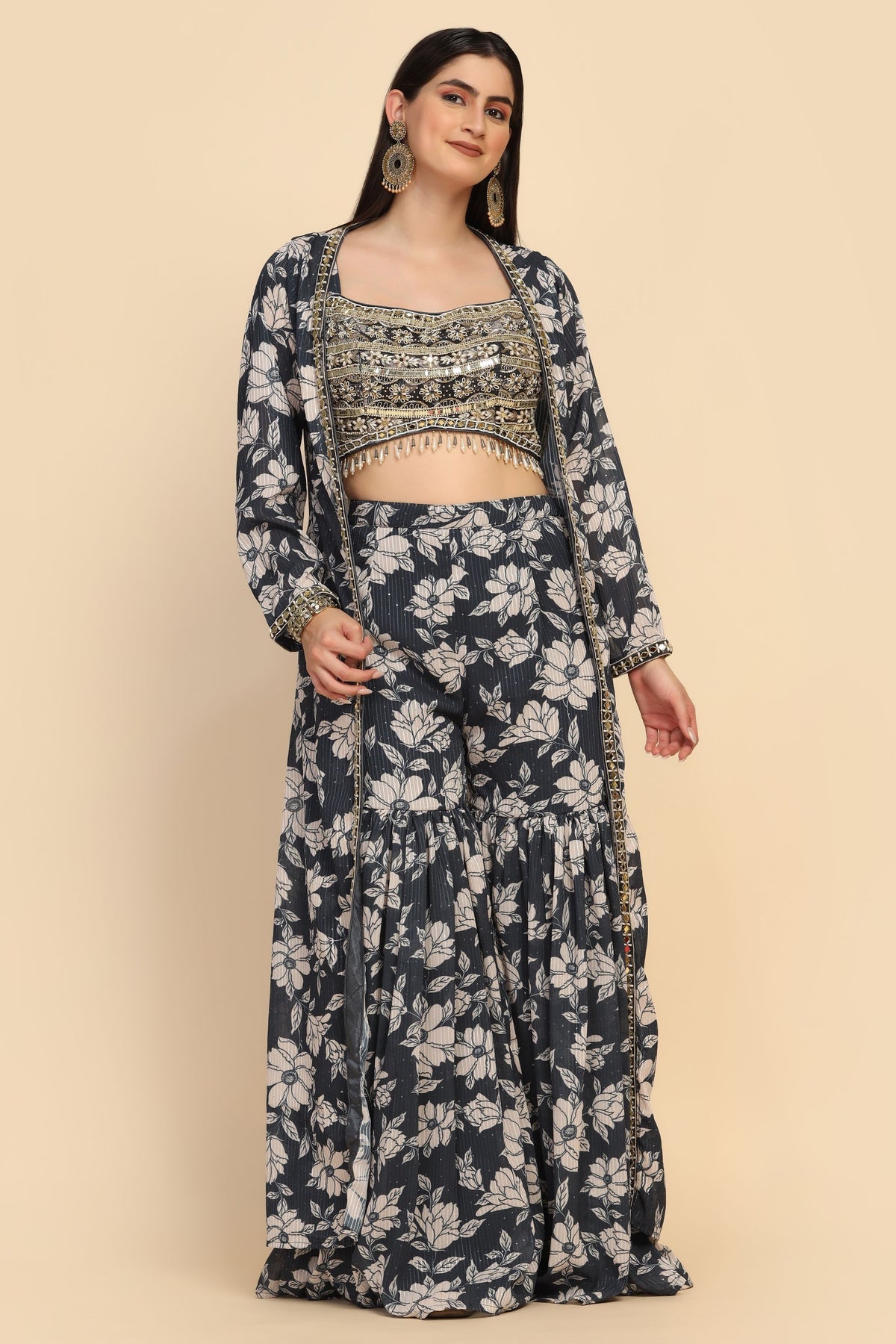 Beautiful blue color floral motif printed jacket and top