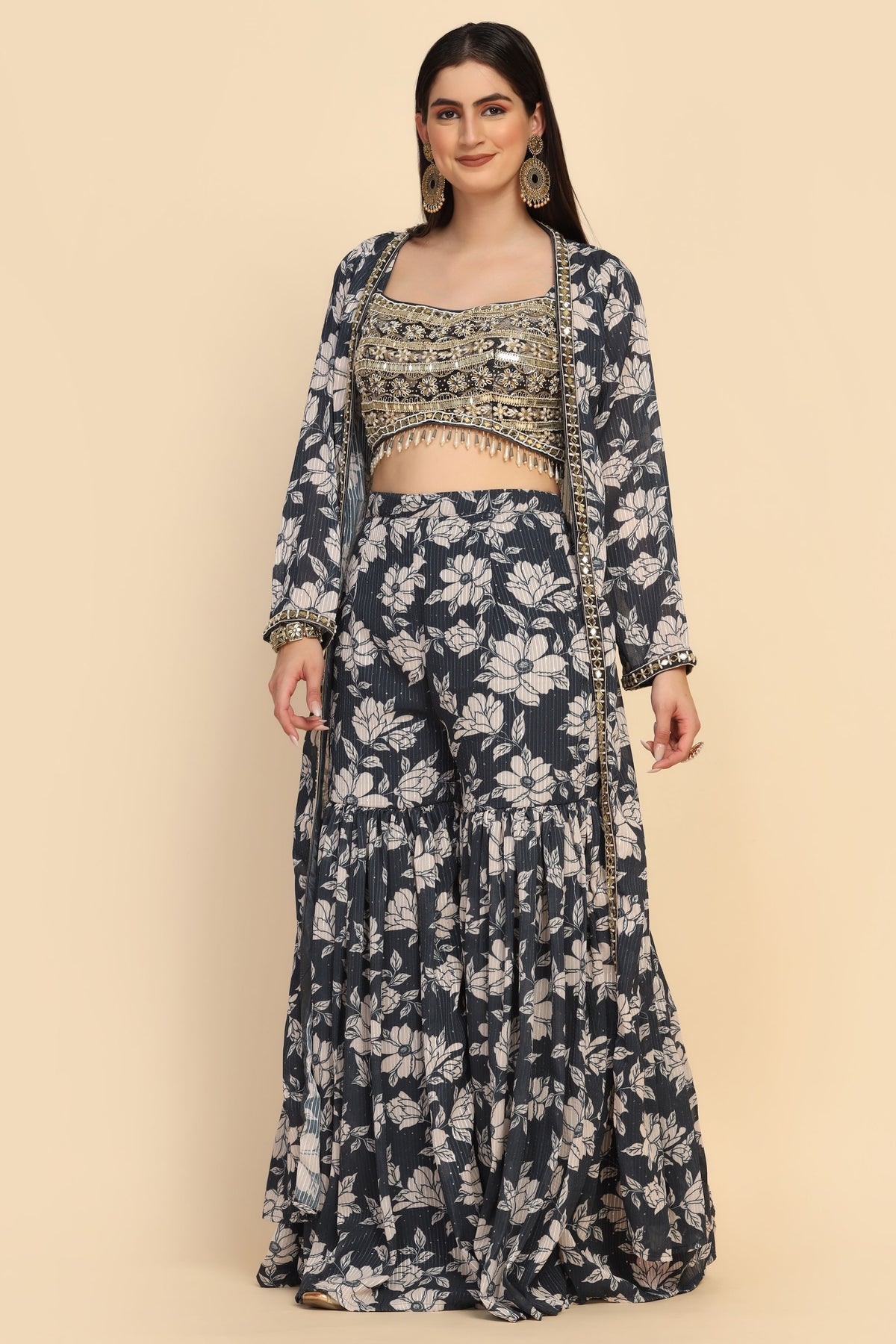 Beautiful blue color floral motif printed jacket and top