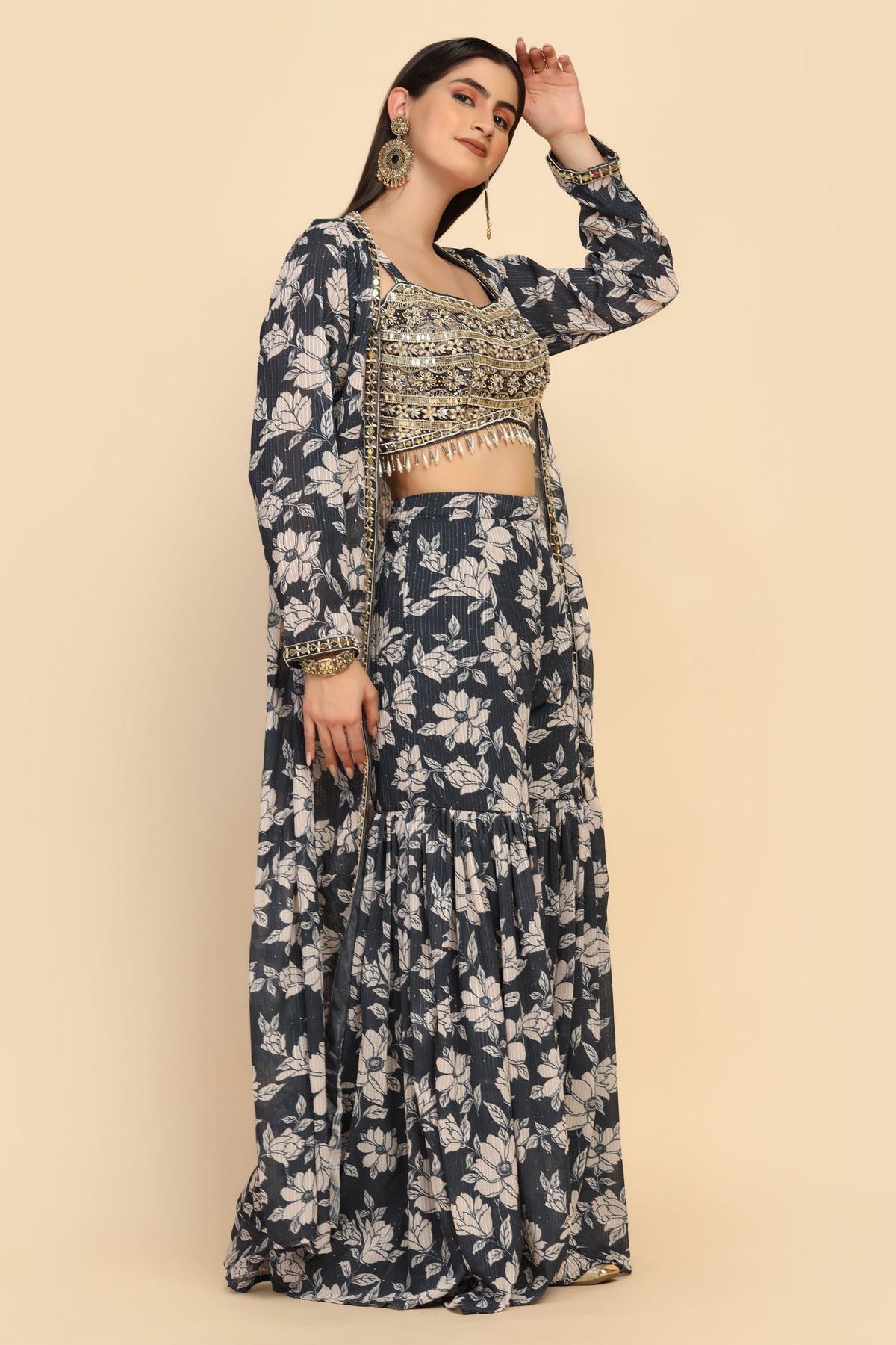 Beautiful blue color floral motif printed jacket and top