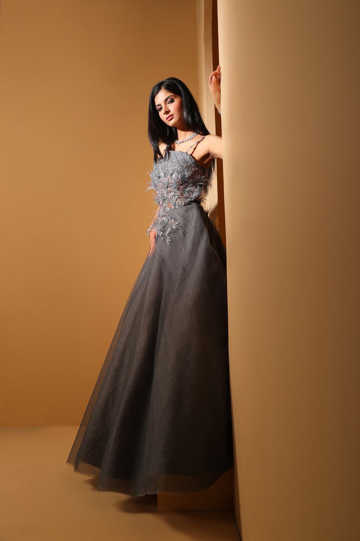 classic grey color floral motif embroidered gown