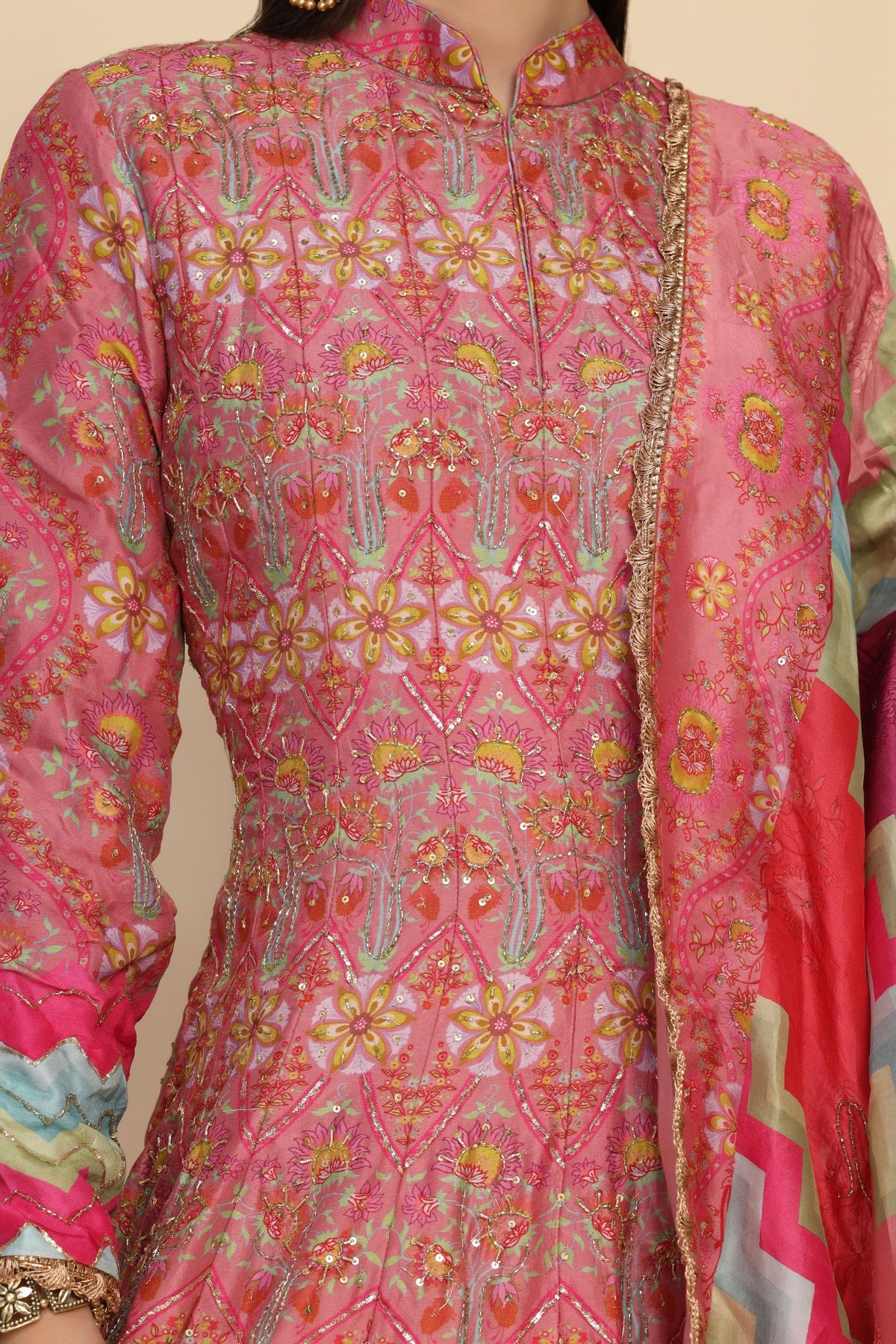 Adorable multi color floral motif embroidered dress
