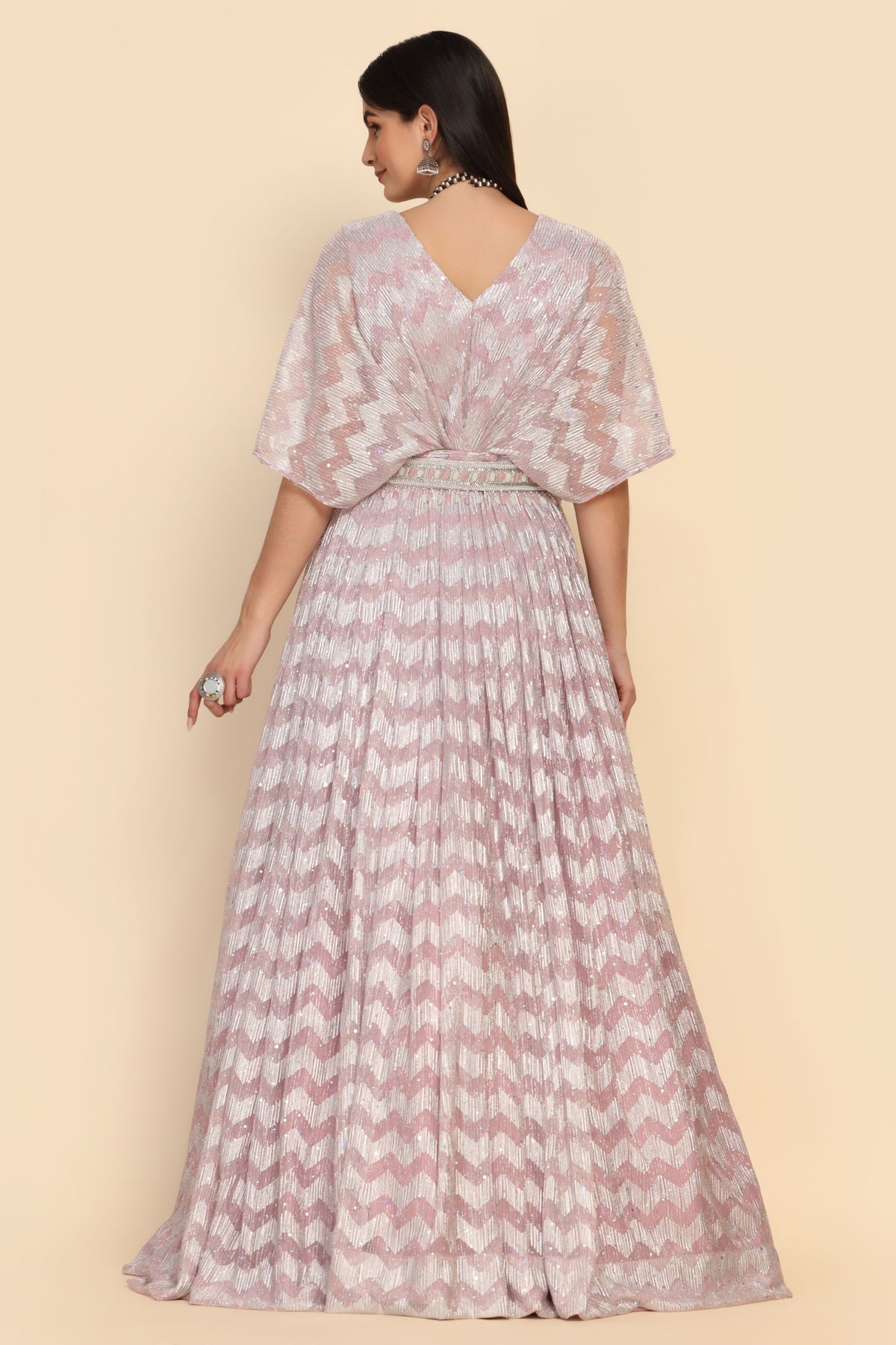 Classic pink color dress with cold shoulder