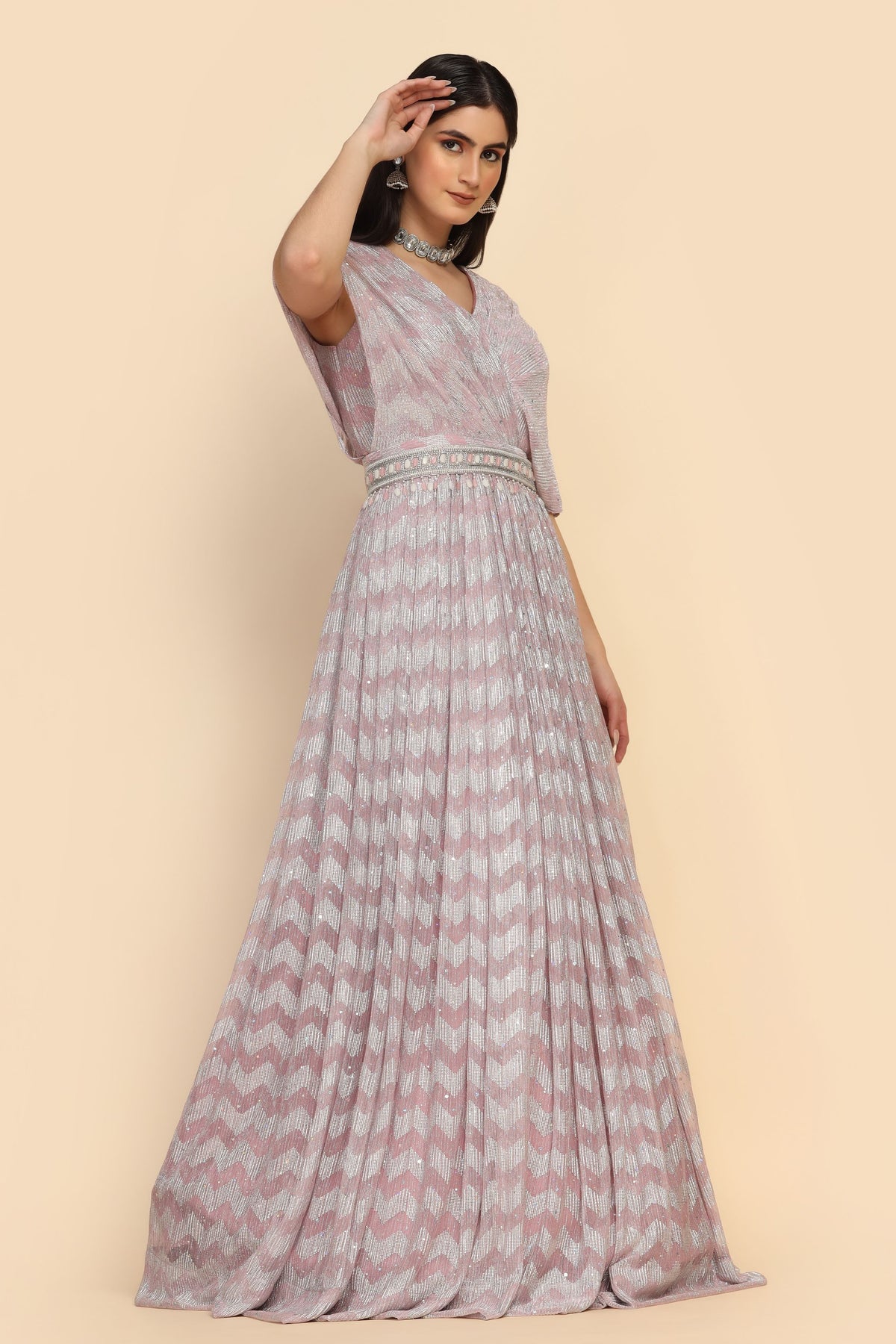 Classic pink color dress with cold shoulder