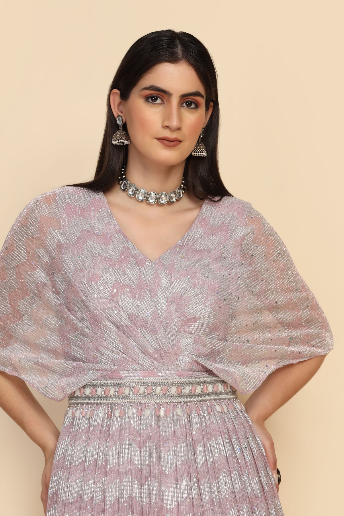 Classic pink color dress with cold shoulder