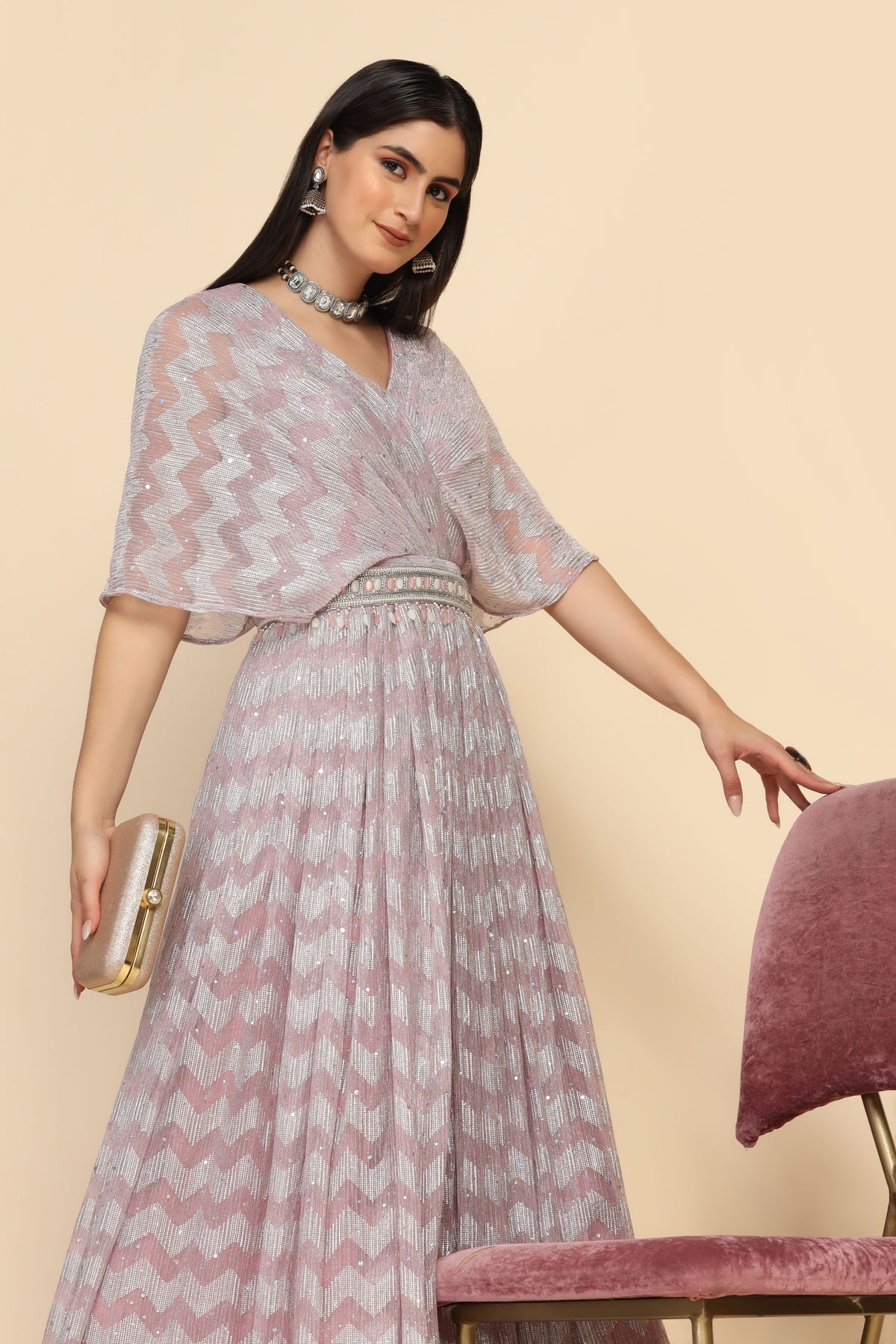 Classic pink color dress with cold shoulder