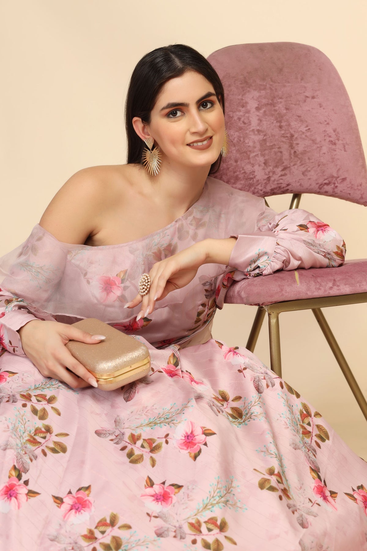 Beautiful peach color floral printed dress