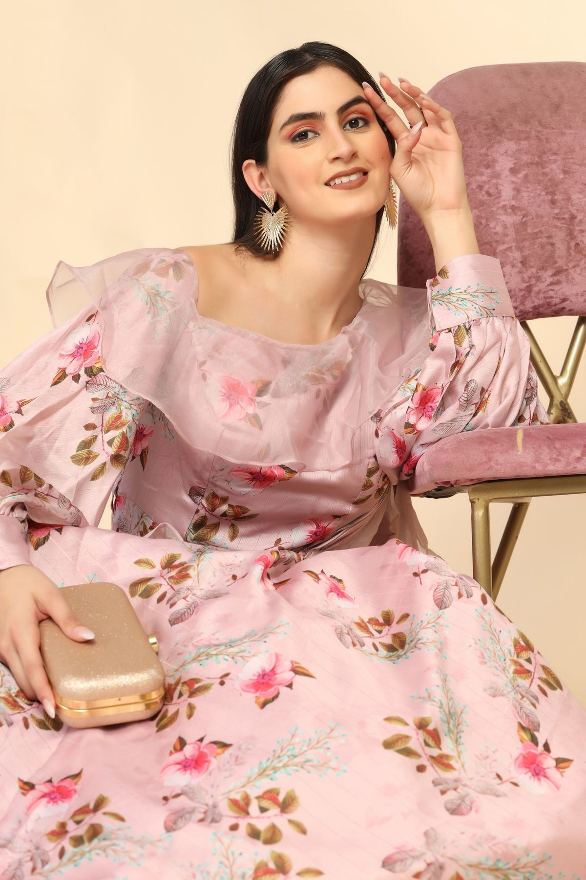 Beautiful peach color floral printed dress
