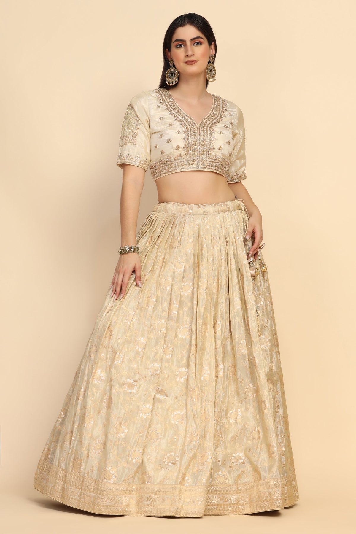 adorable cream color floral motif embroidered lehenga