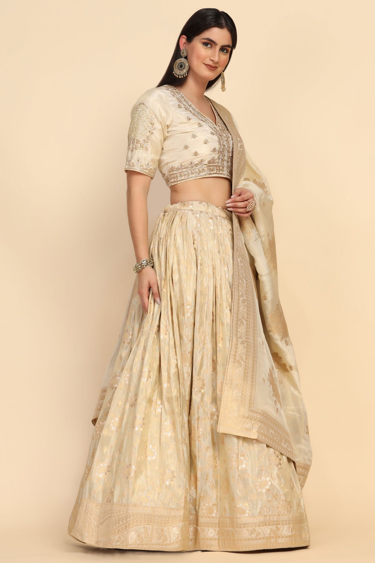 adorable cream color floral motif embroidered lehenga
