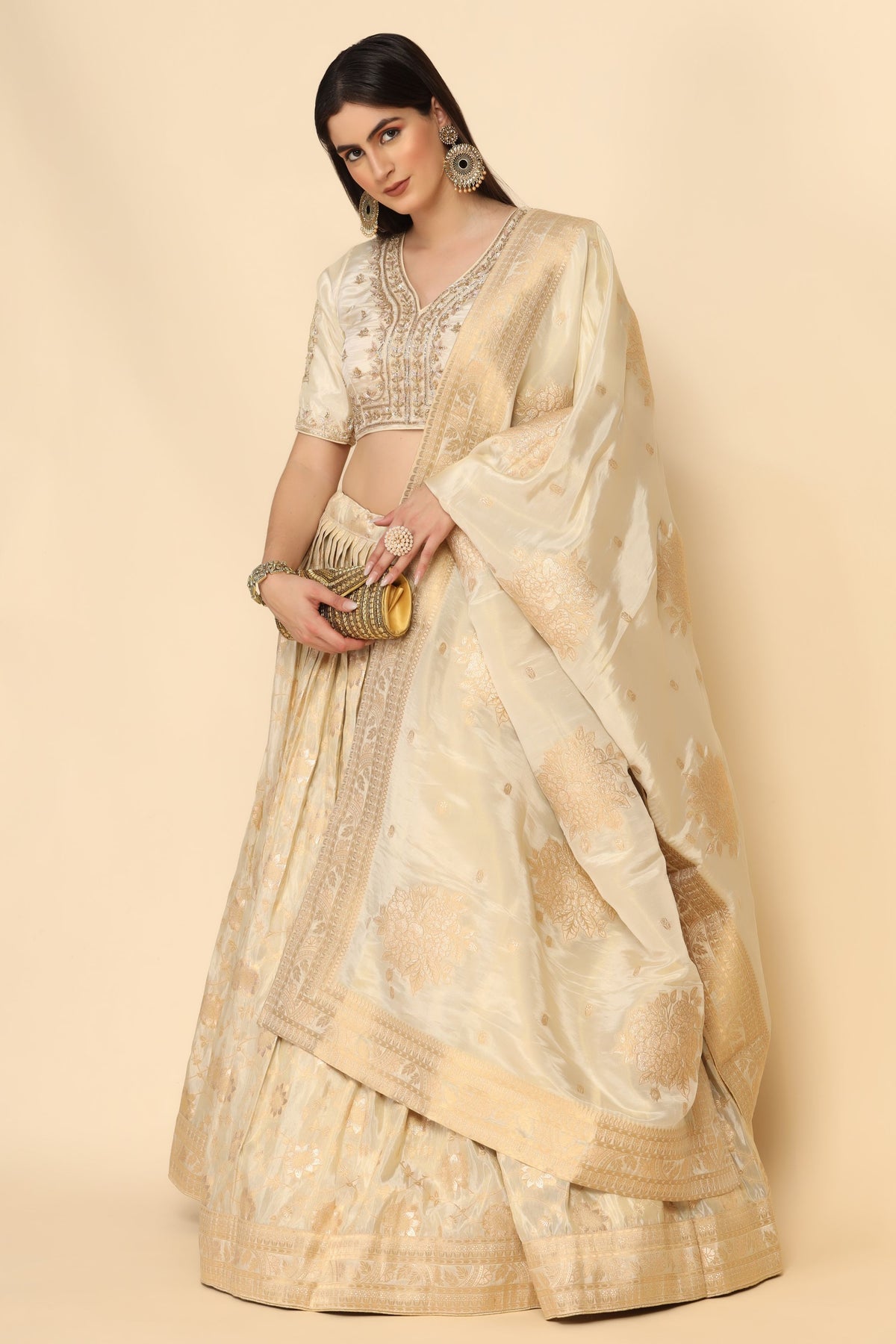 adorable cream color floral motif embroidered lehenga