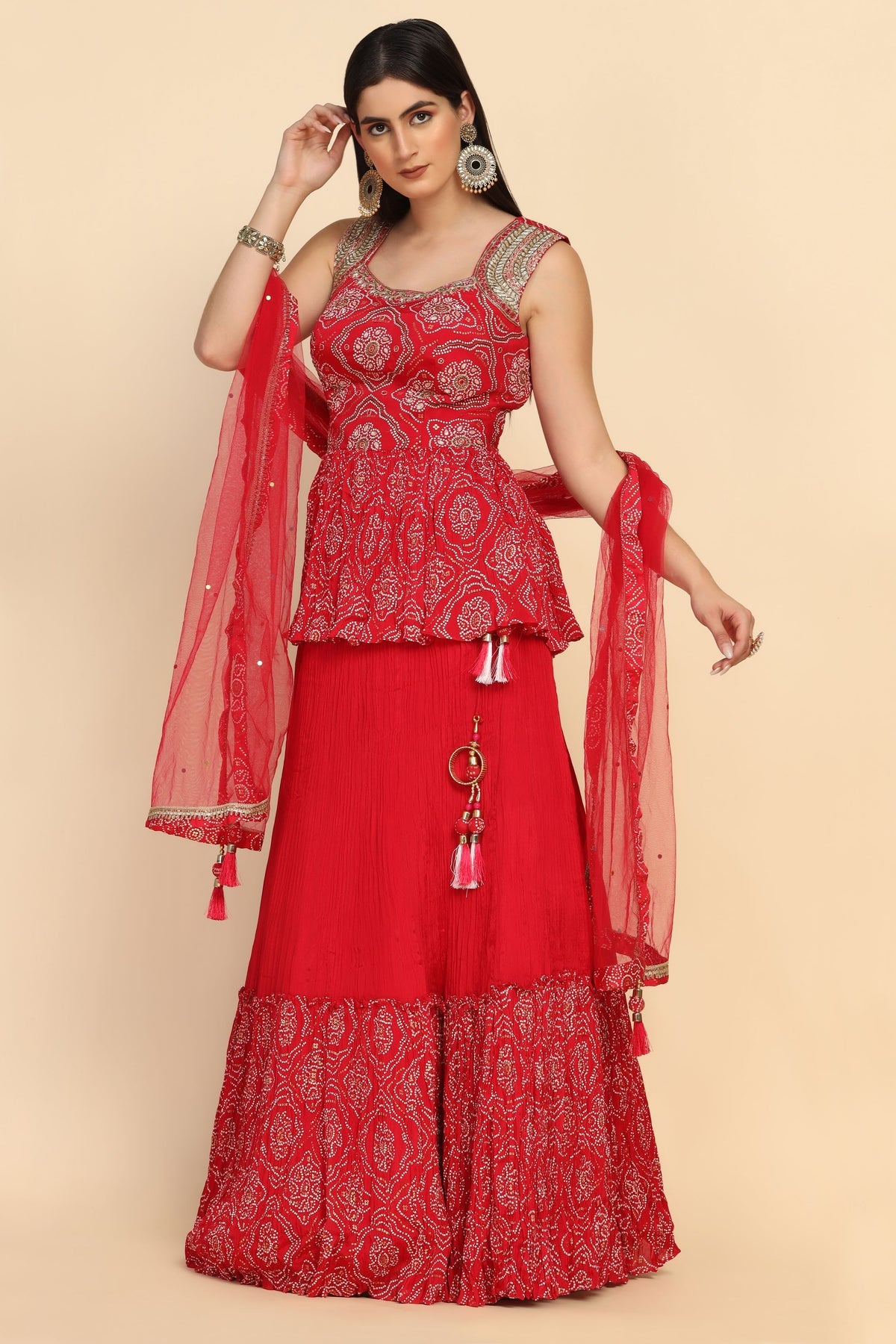 Stylish Red Color Floral Motif Peplum Top & Lehenga Set