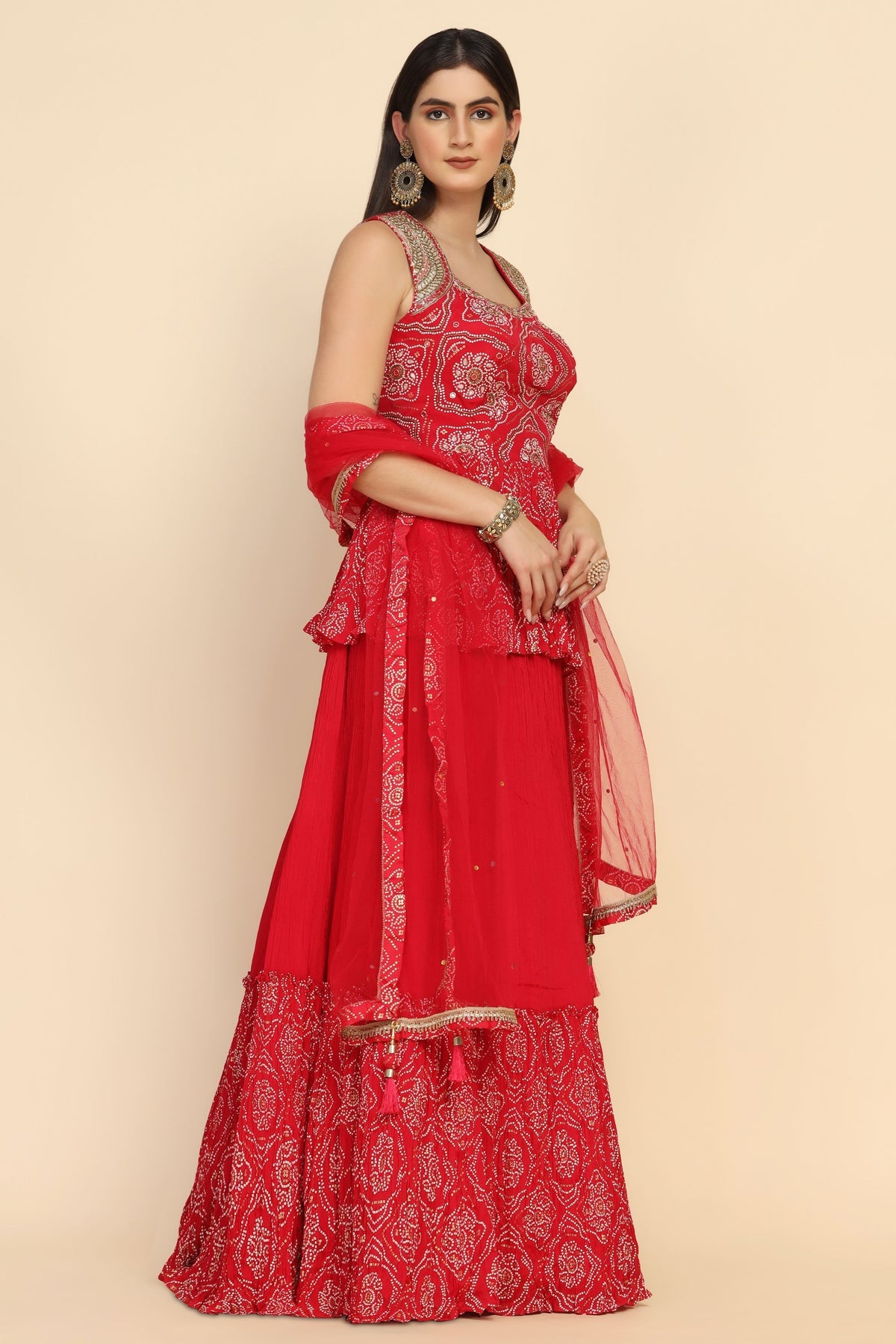 Stylish Red Color Floral Motif Peplum Top & Lehenga Set