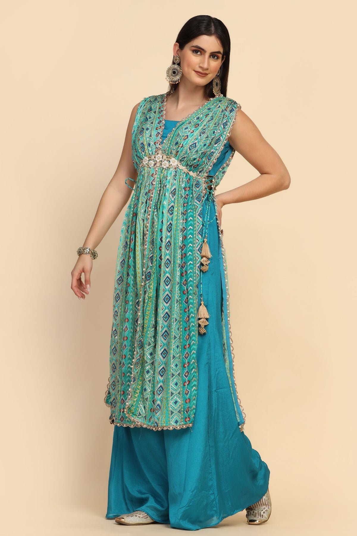Gorgeous Blue Color Floral Motif Embroidered Sharara Set
