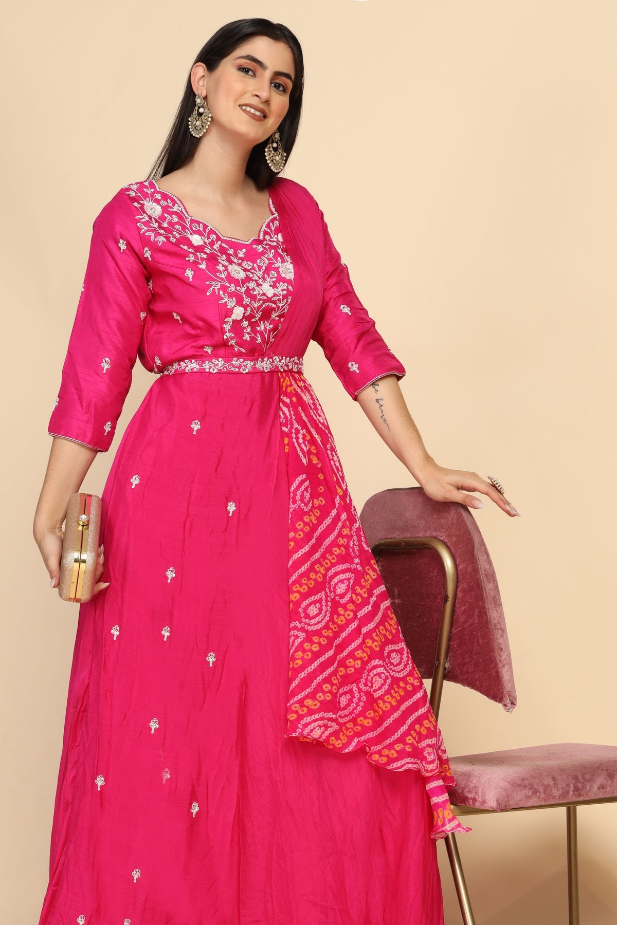 adorable pink color floral motif embroidered dress