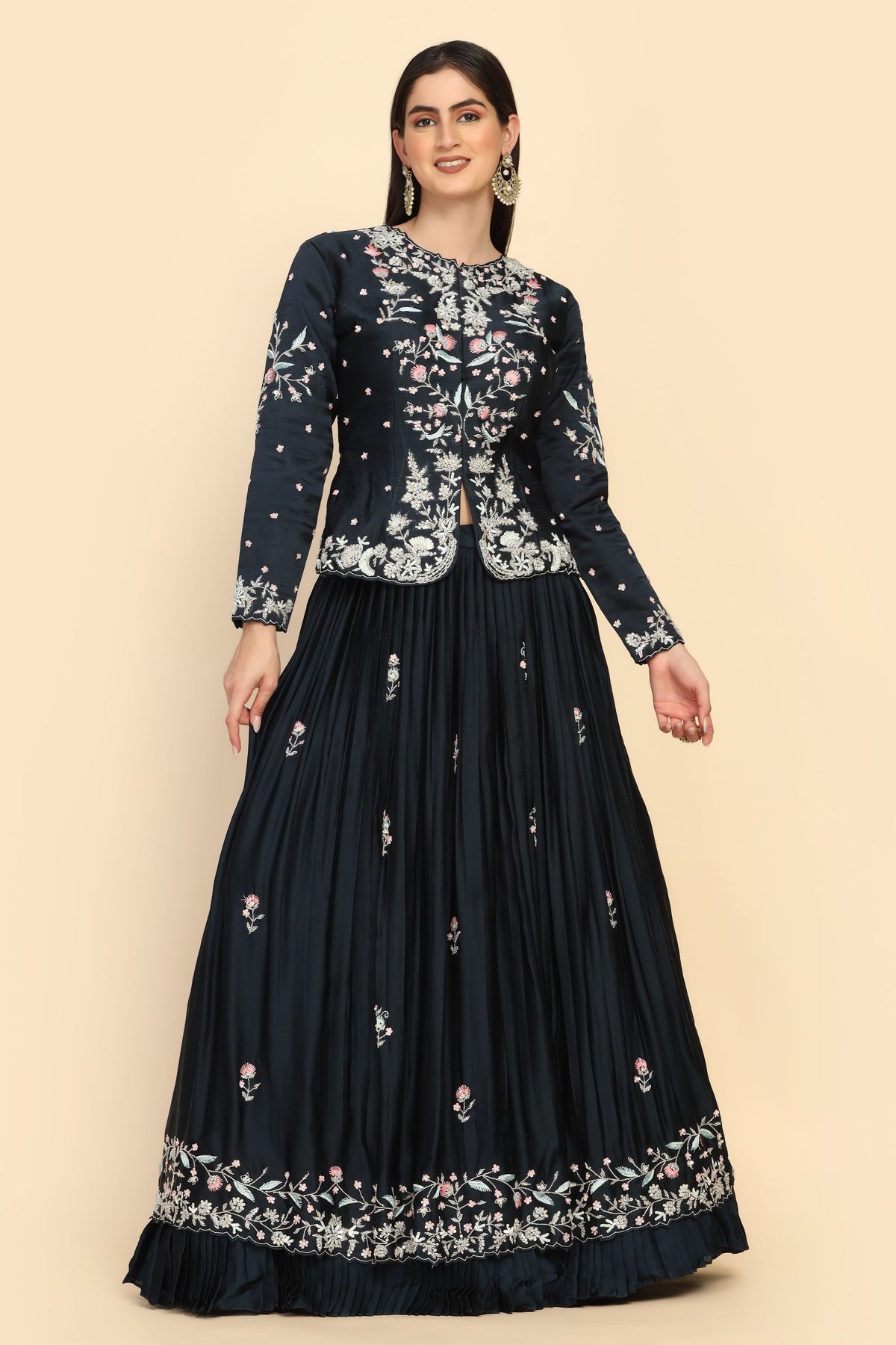 stylish Blue color floral motif embroidered peplum top & lehenga set