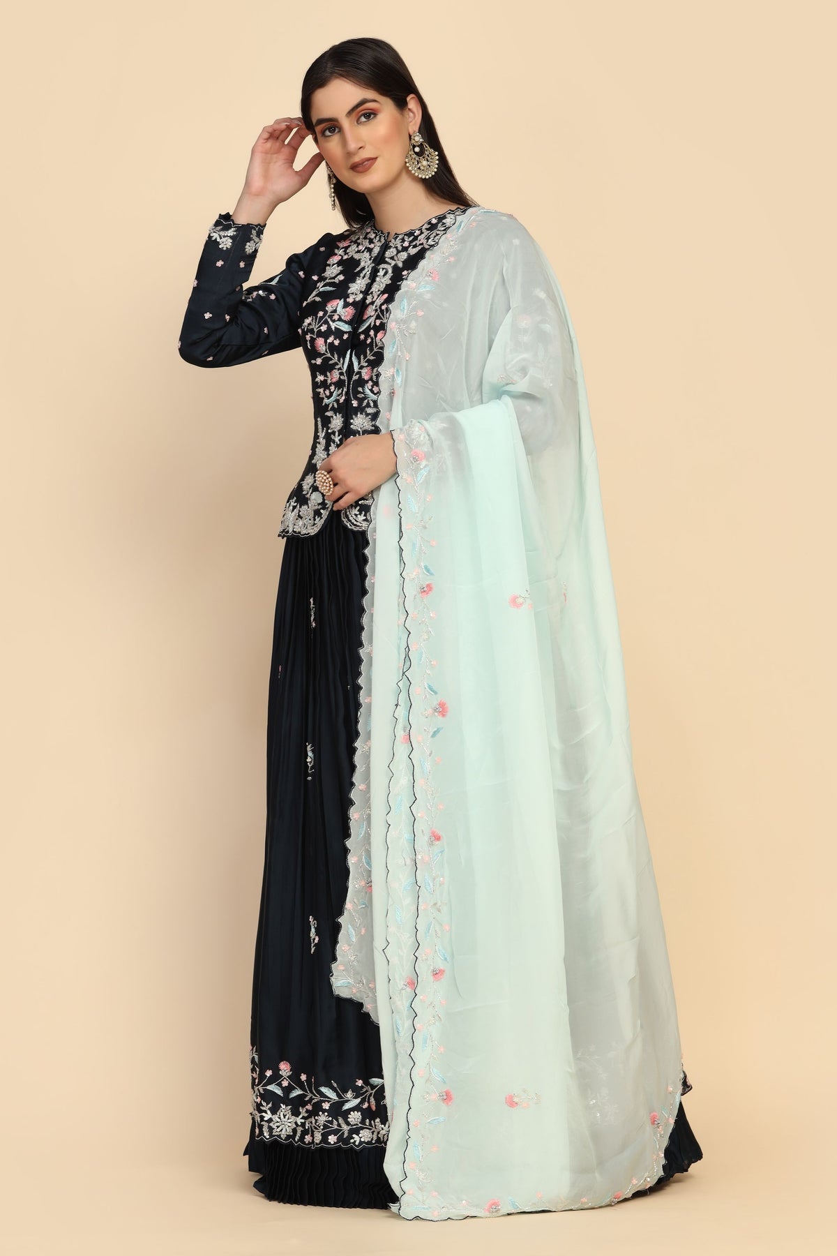 stylish Blue color floral motif embroidered peplum top & lehenga set