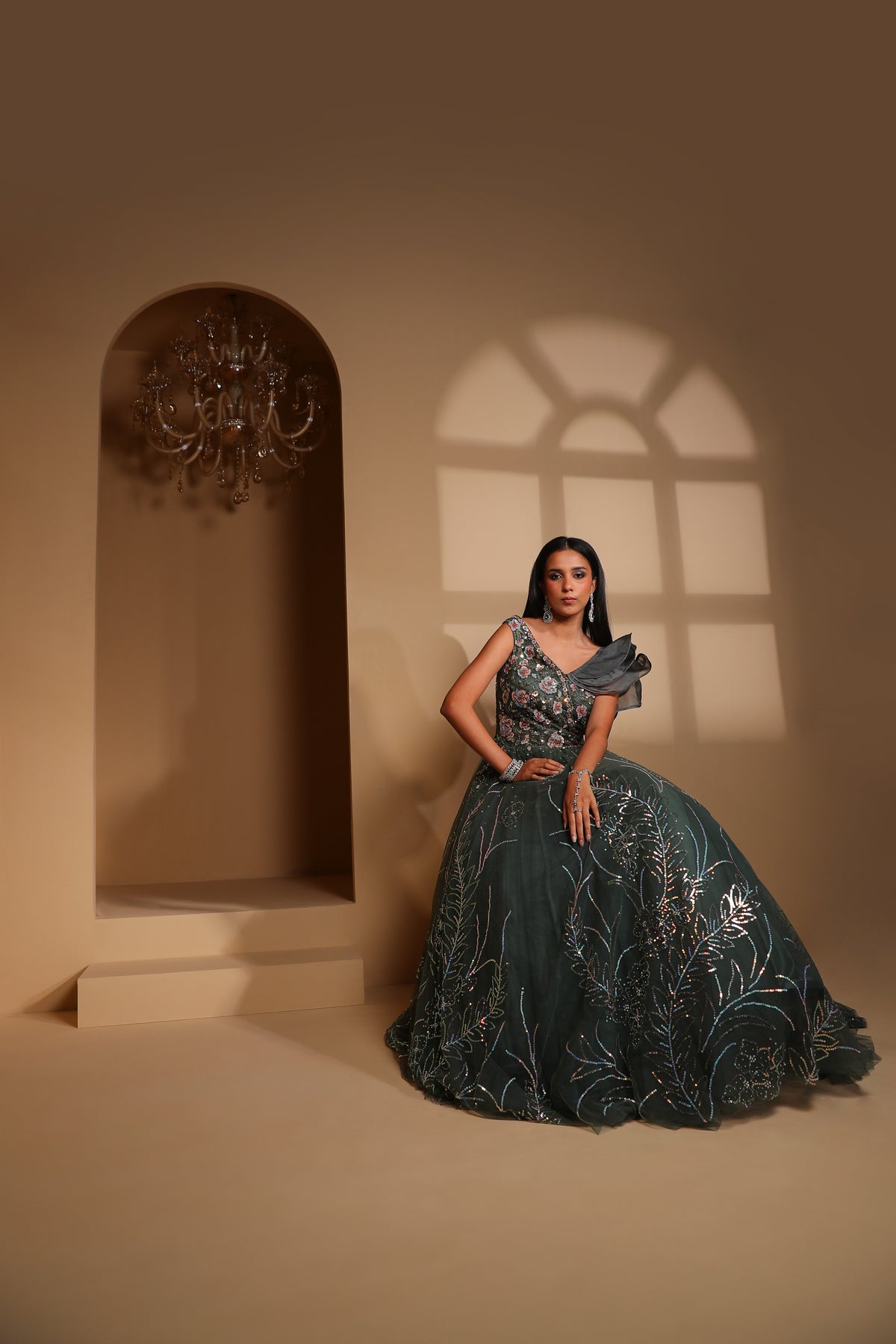 classic green color floral motif embroidered gown