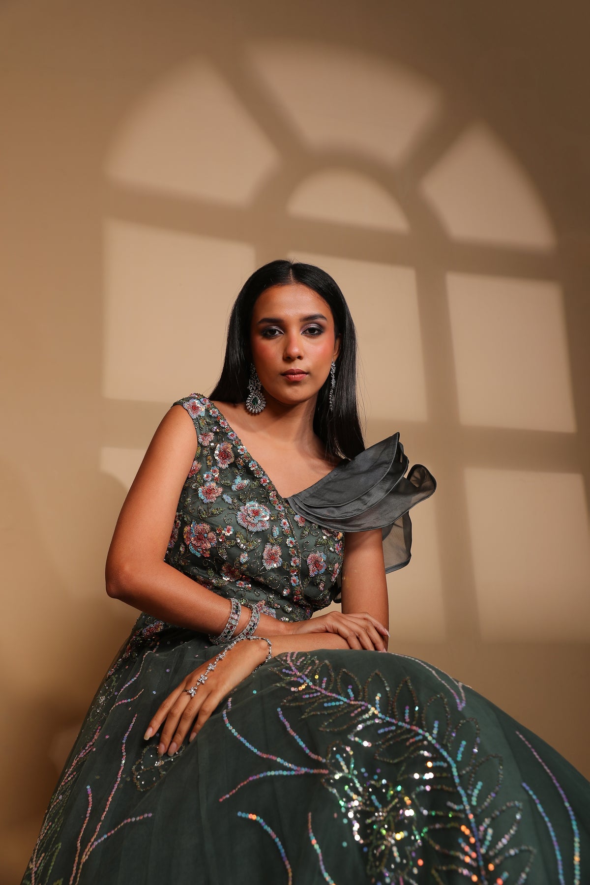 classic green color floral motif embroidered gown