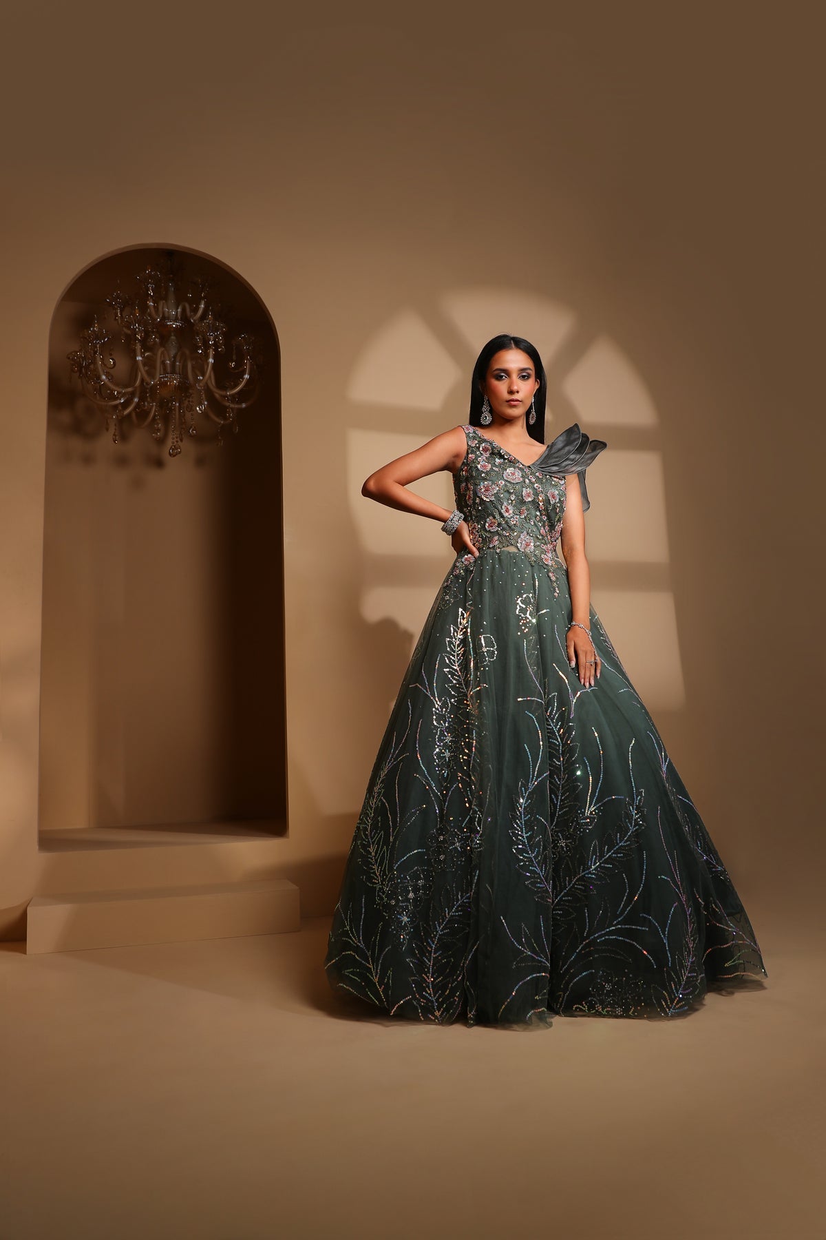 classic green color floral motif embroidered gown