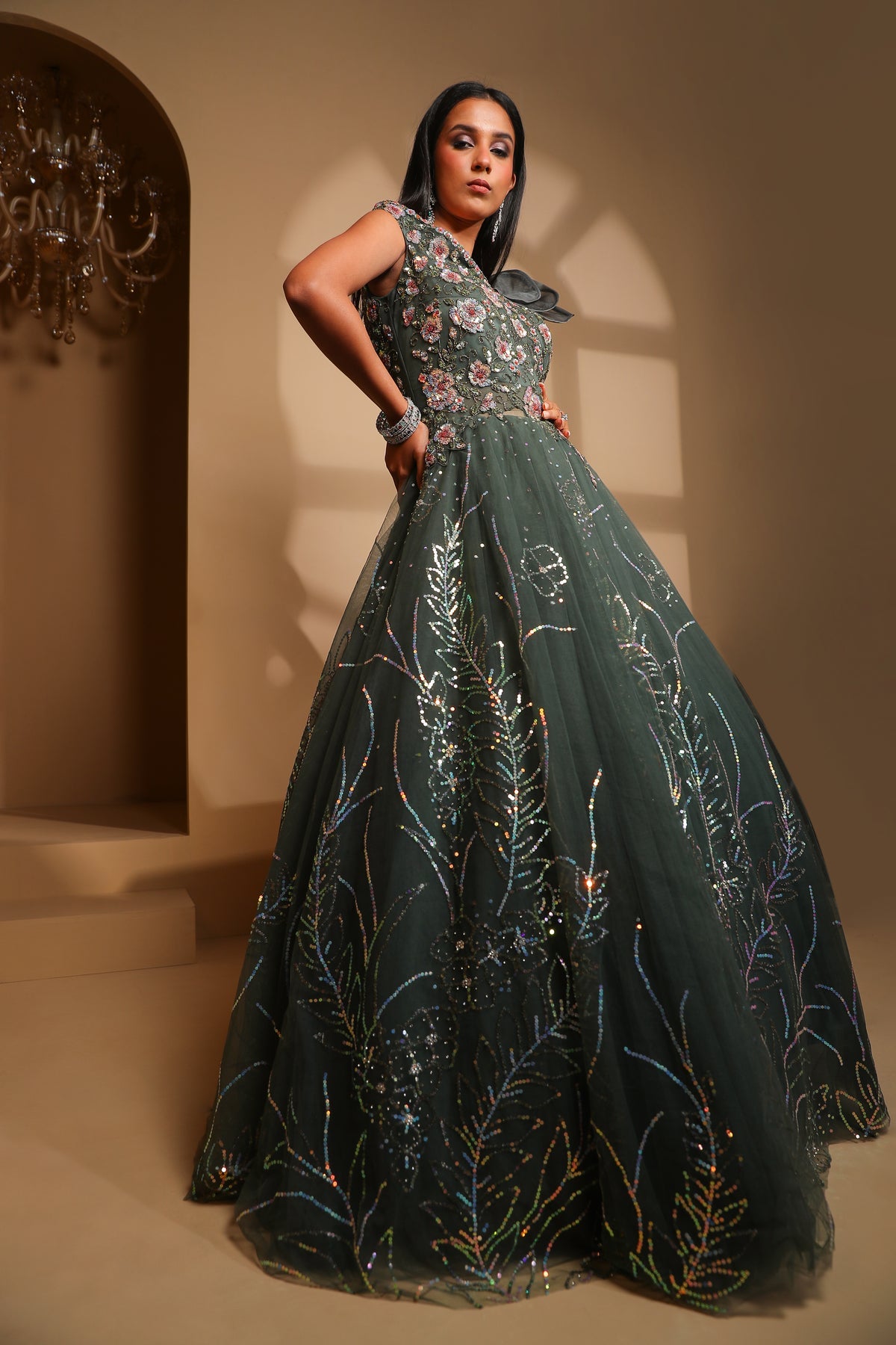 classic green color floral motif embroidered gown