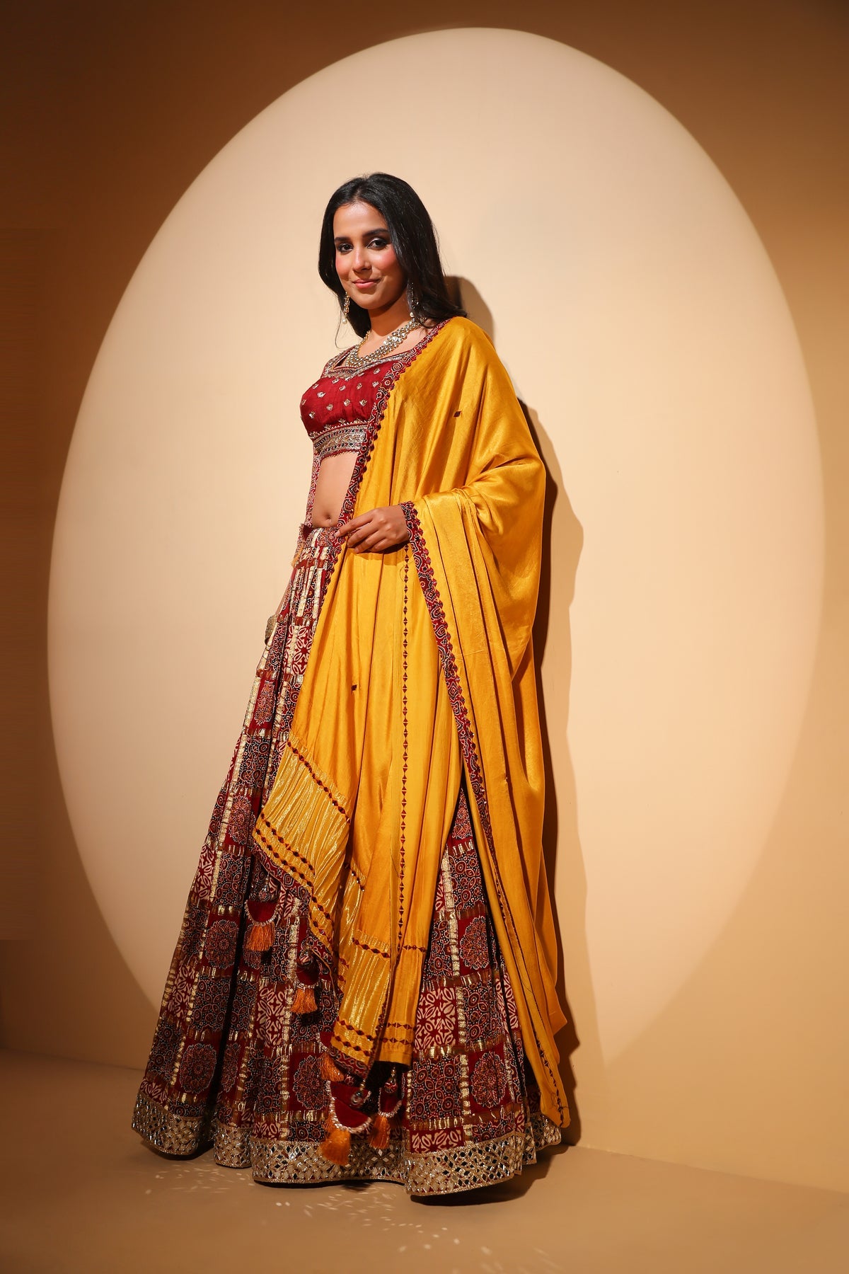 beautiful red color floral motif embroidered lehenga