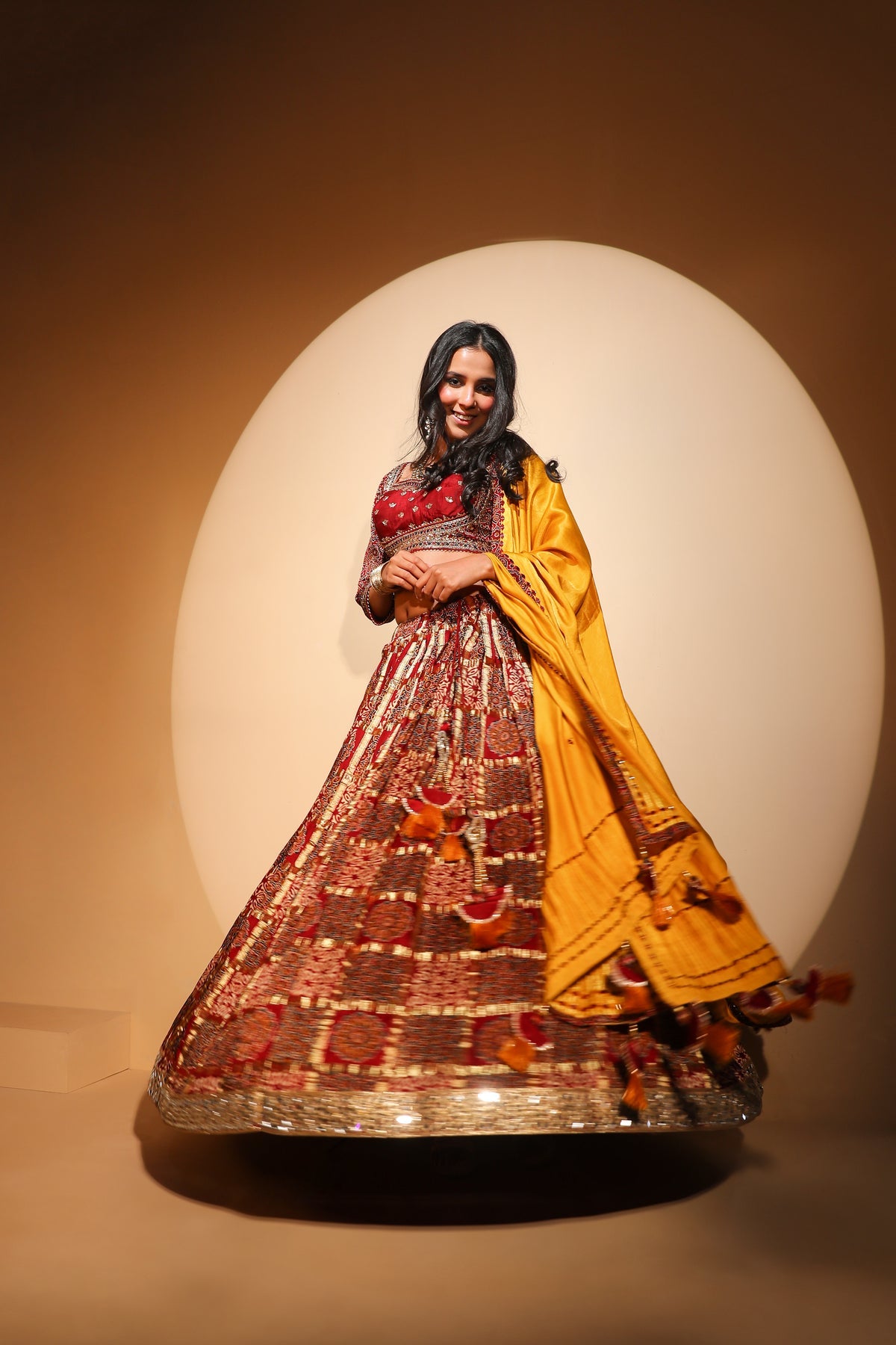 beautiful red color floral motif embroidered lehenga