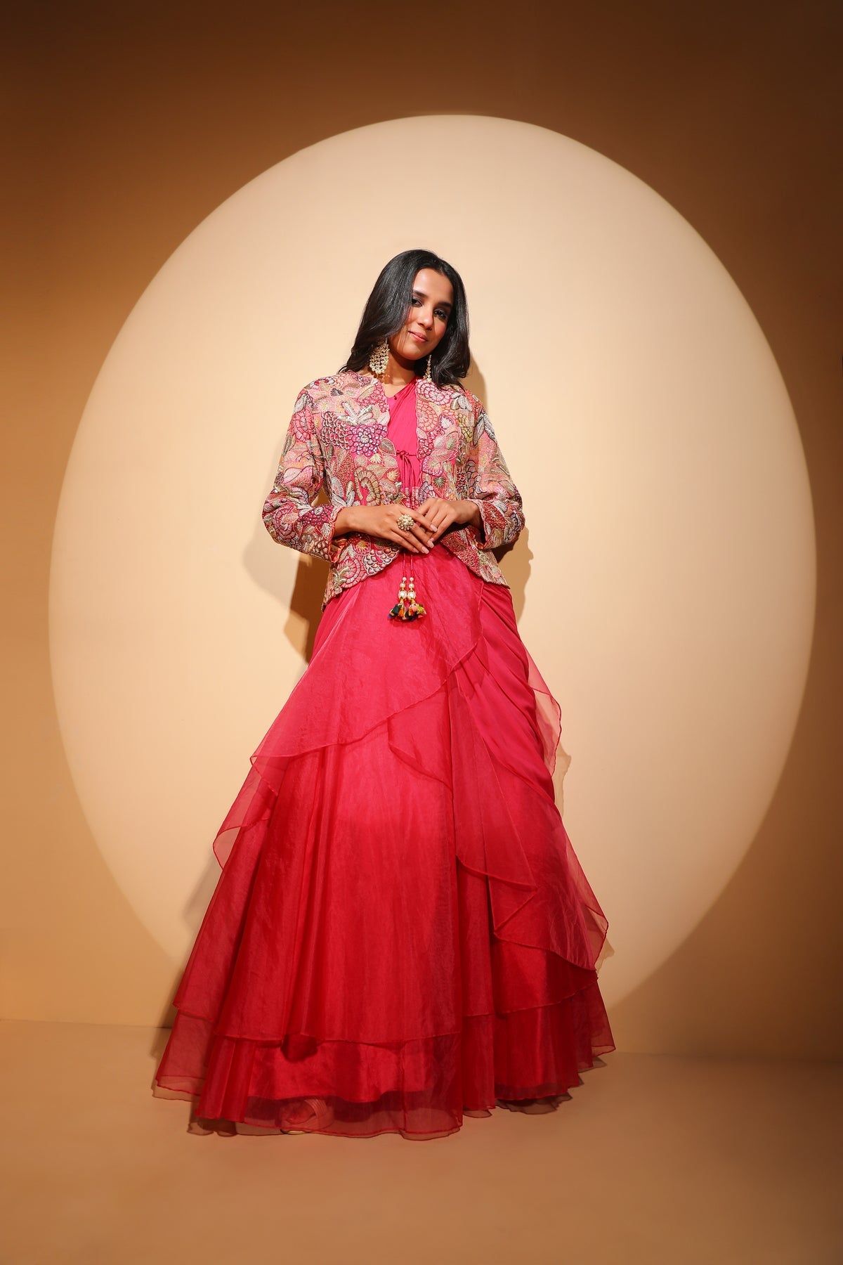 beautiful dark pink color floral motif embroidered dress