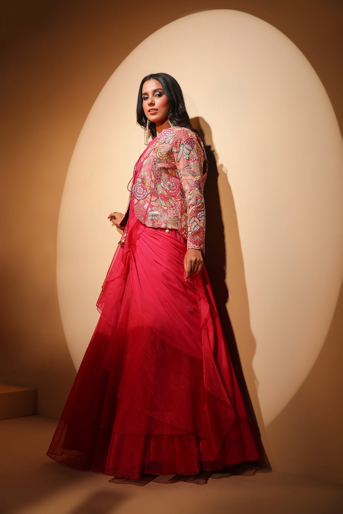 beautiful dark pink color floral motif embroidered dress