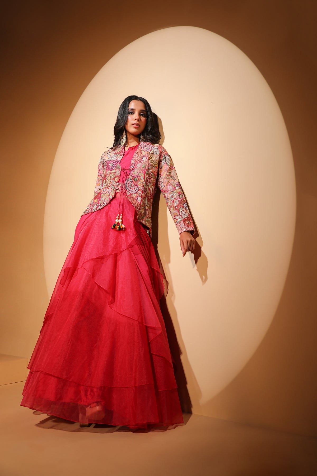beautiful dark pink color floral motif embroidered dress