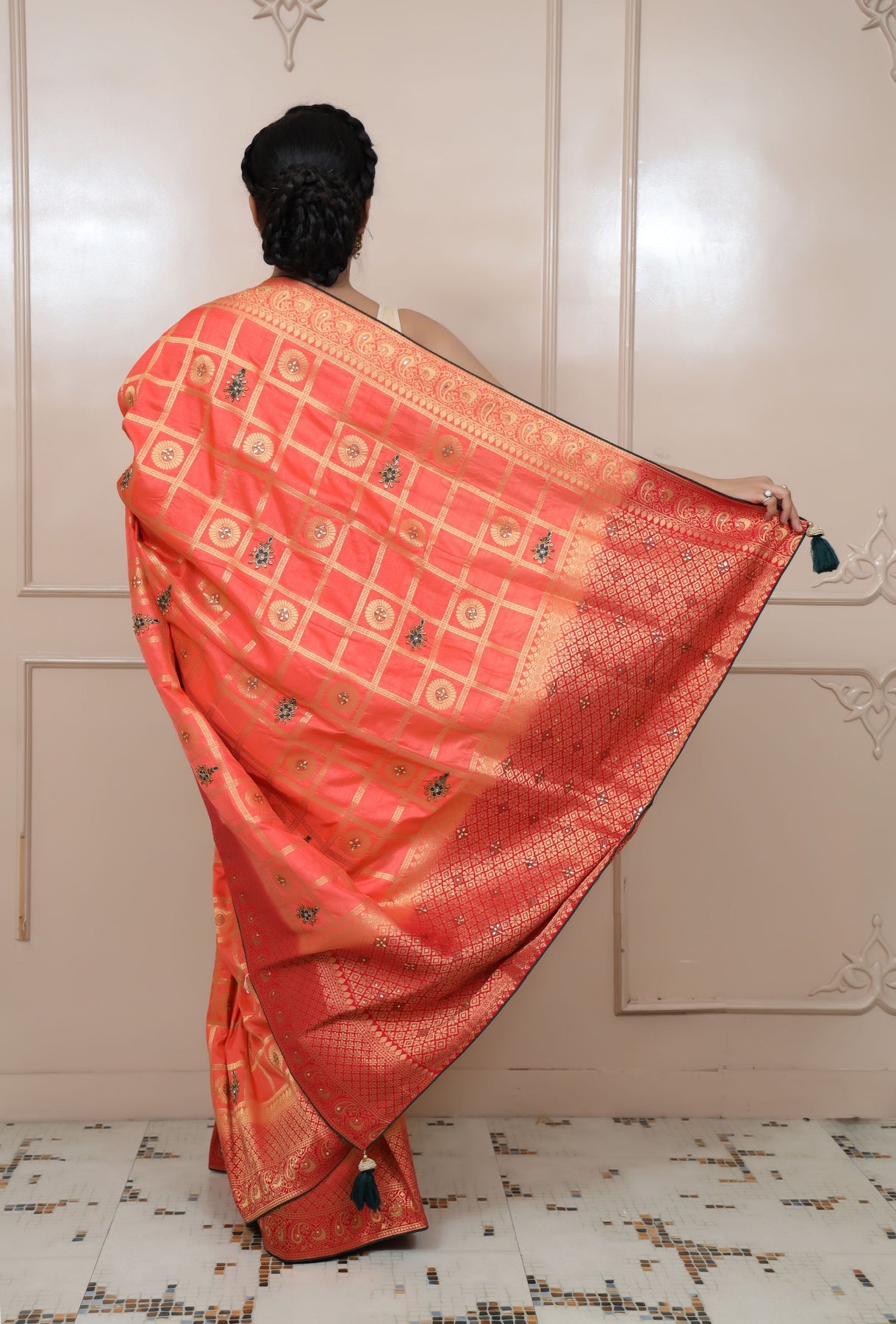 elegant peach color floral motif embroidered saree