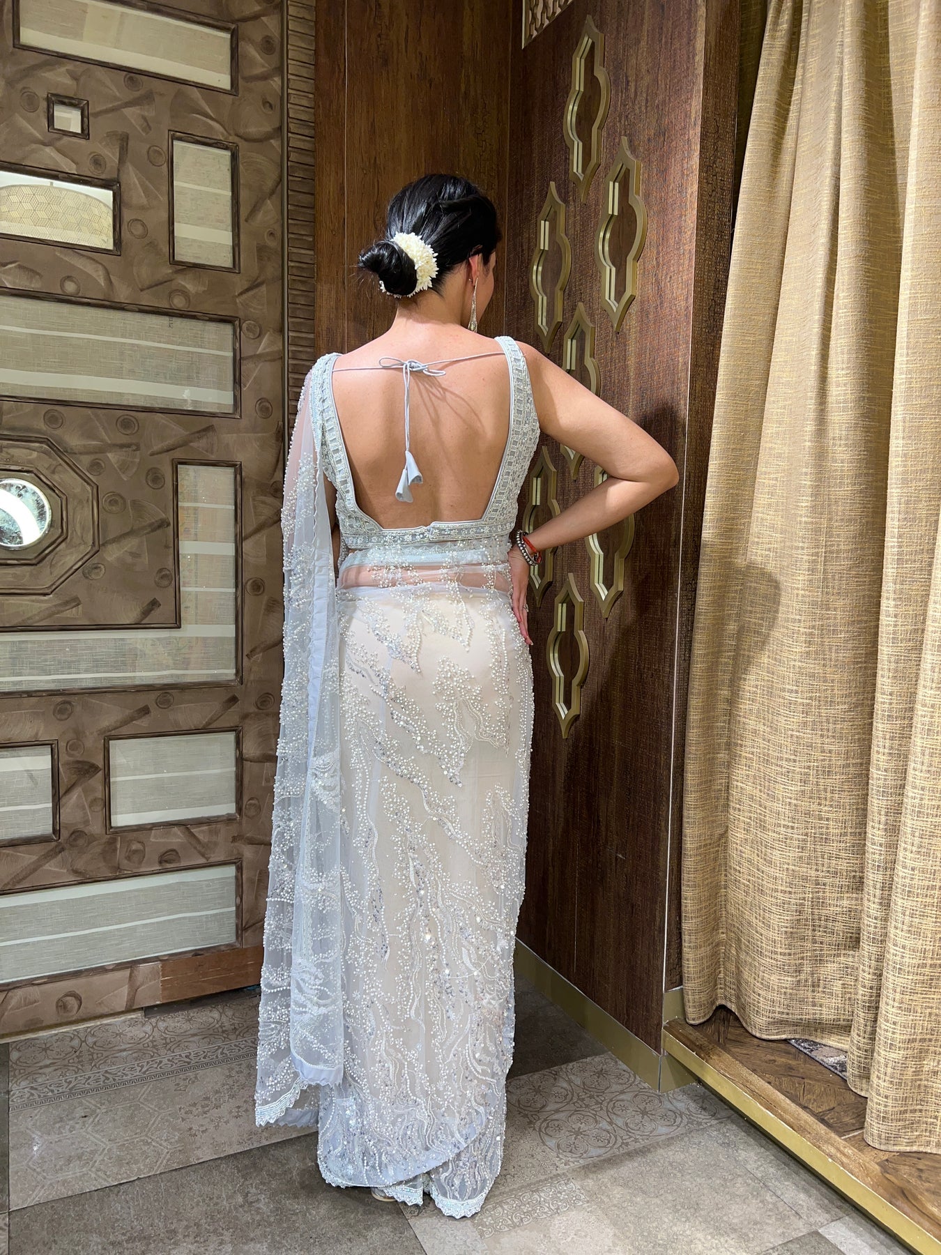 Beautiful sky blue floral motif embroidered saree