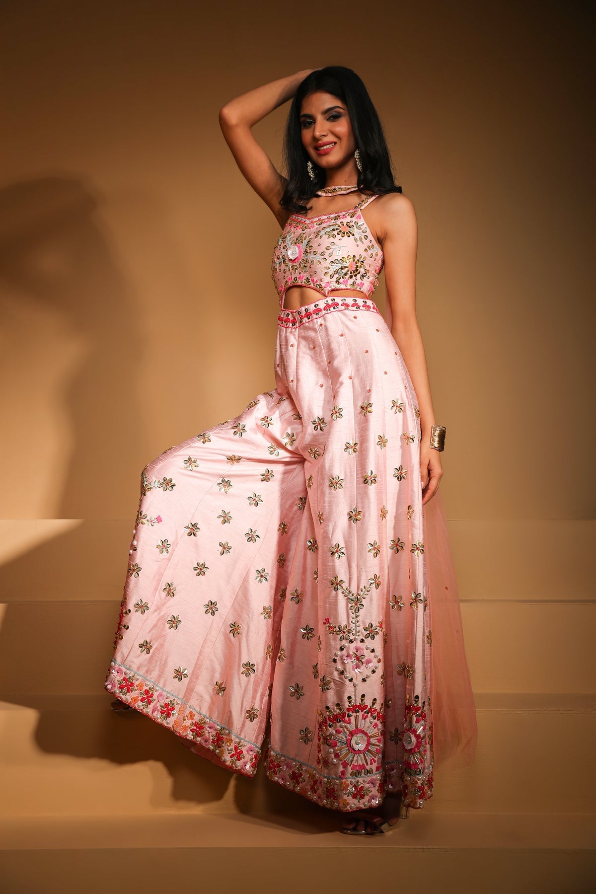 classy pink color floral motif embroidered crop top set