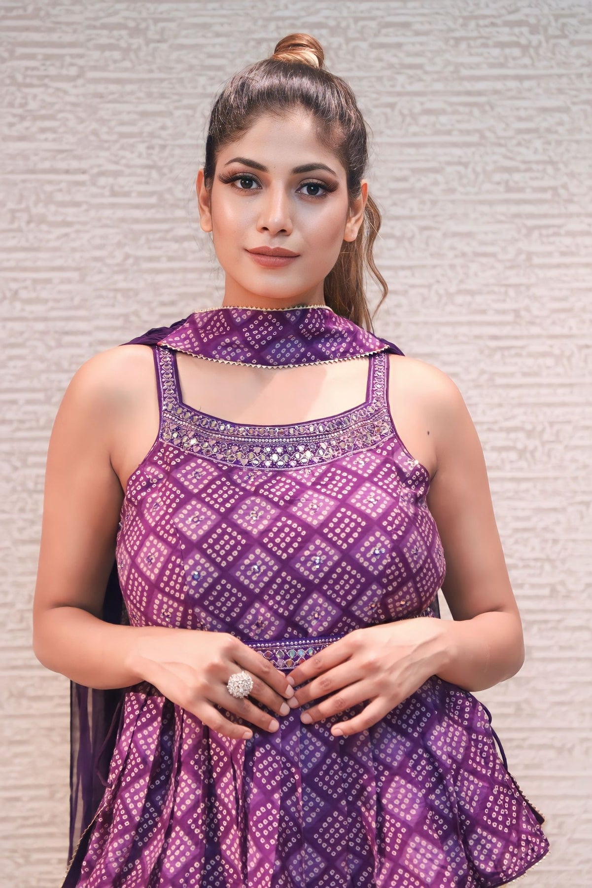 stylish purple color geomatical motif peplum top & sharara set