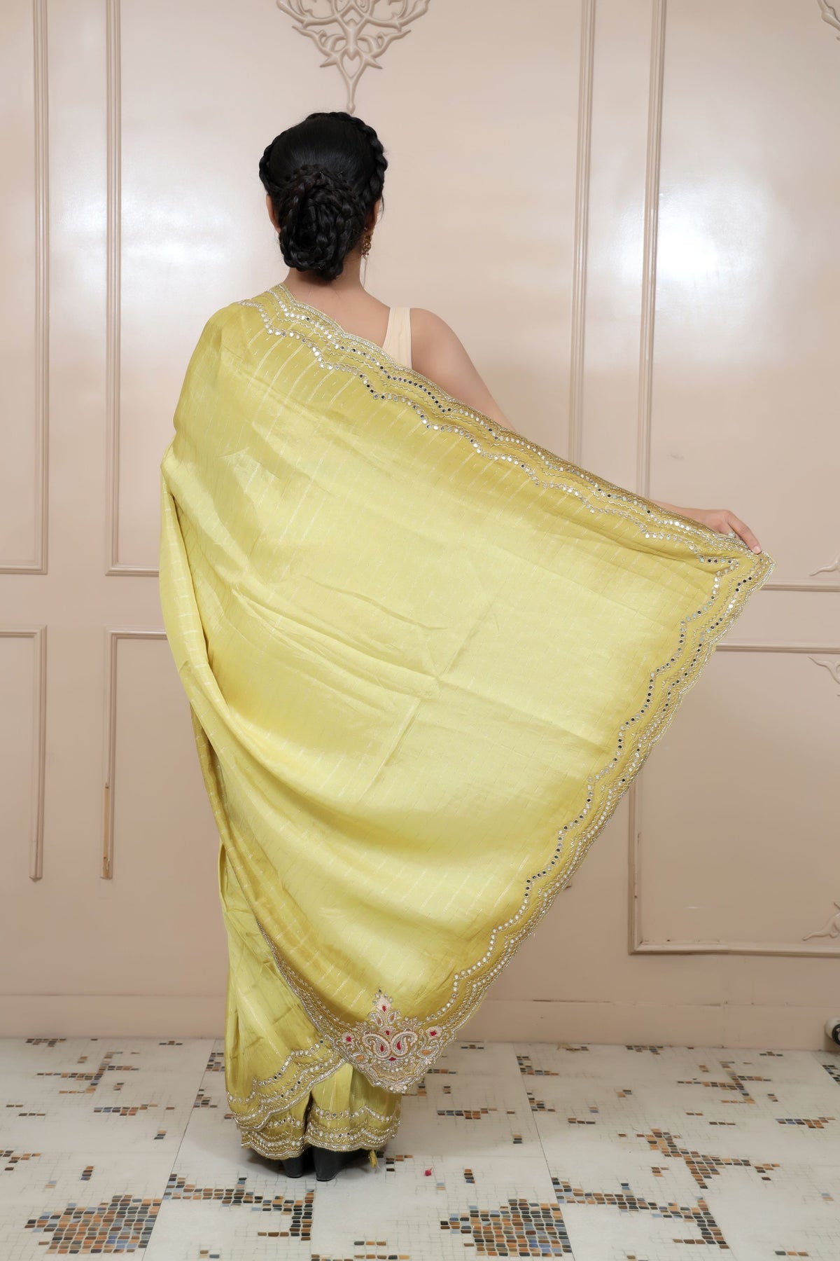 elegant green color geometrical motif embroidered saree