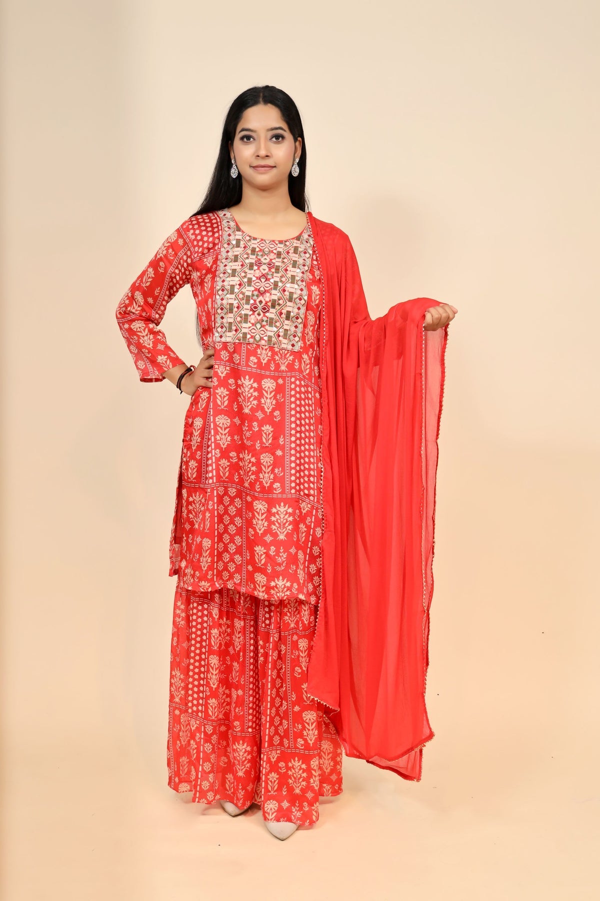 Classic Red Colour Floral Motif Sharara Set