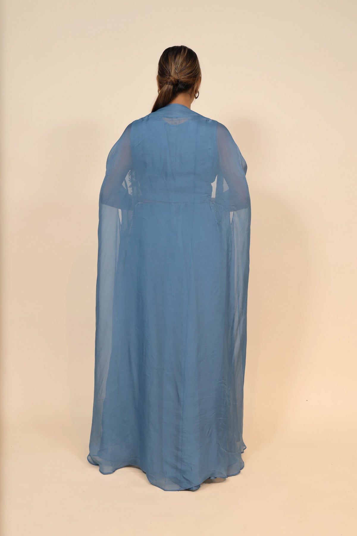 Elegant & Stylish Blue Embroidered Long Dress With Net Shrug